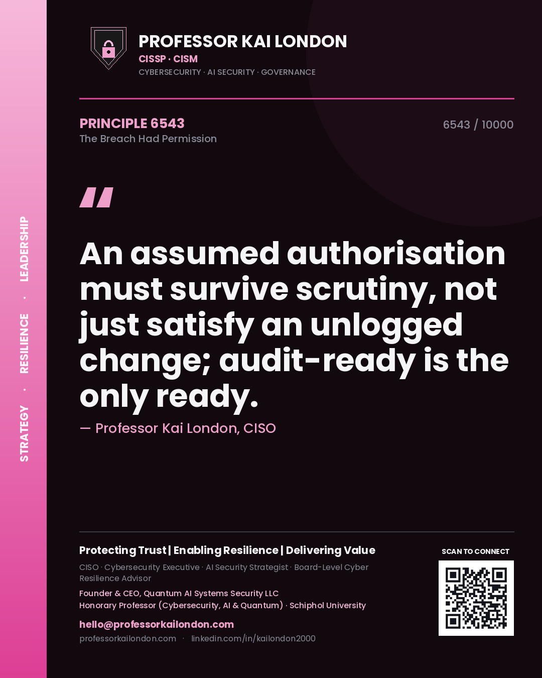 Quote card by Professor Kai London reading 'An assumed authorisation must survive scrutiny, not just satisfy an unlogged change; audit-ready is the only ready.'. From the book The Breach Had Permission.