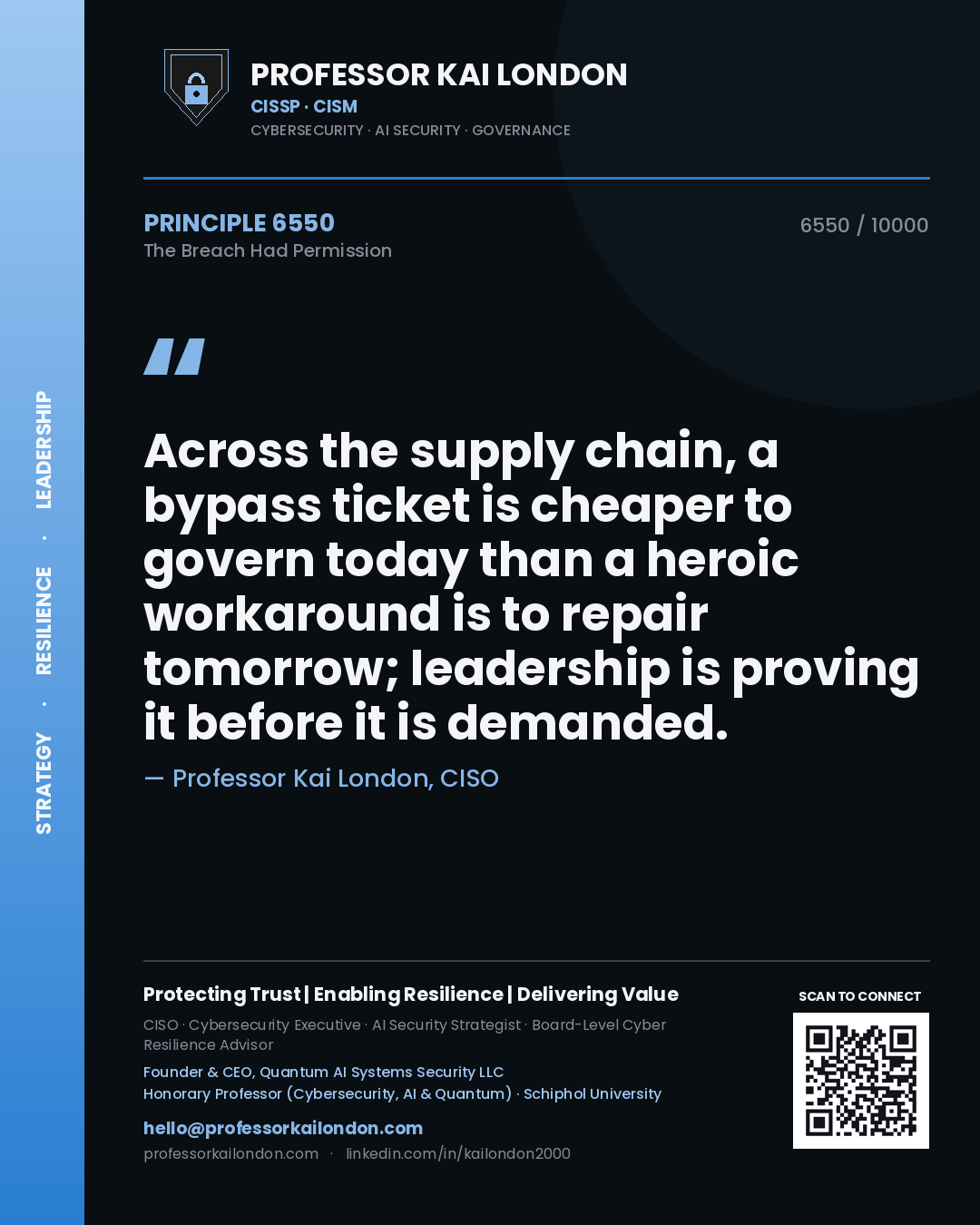 Quote card by Professor Kai London reading 'Across the supply chain, a bypass ticket is cheaper to govern today than a heroic workaround is to repair tomorrow; leadership is proving it before it is demanded.'. From the book The Breach Had Permission.