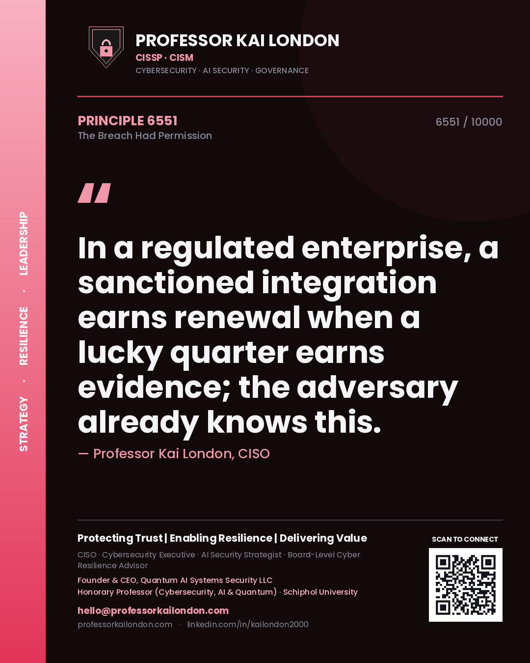 Quote card by Professor Kai London reading 'In a regulated enterprise, a sanctioned integration earns renewal when a lucky quarter earns evidence; the adversary already knows this.'. From the book The Breach Had Permission.