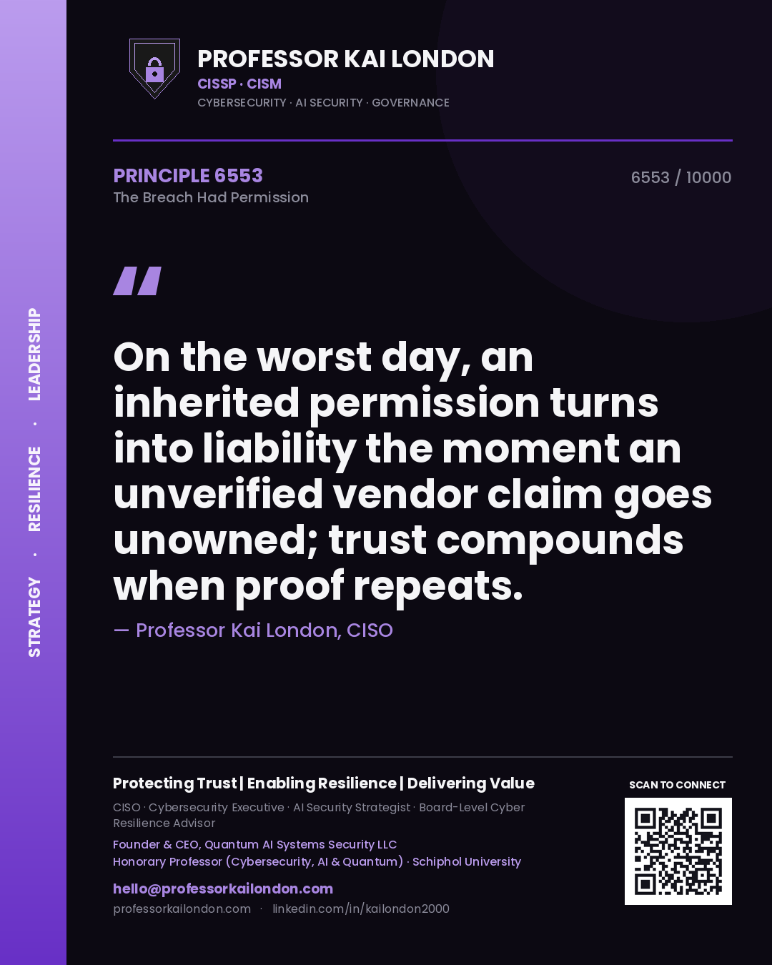 Quote card by Professor Kai London reading 'On the worst day, an inherited permission turns into liability the moment an unverified vendor claim goes unowned; trust compounds when proof repeats.'. From the book The Breach Had Permission.