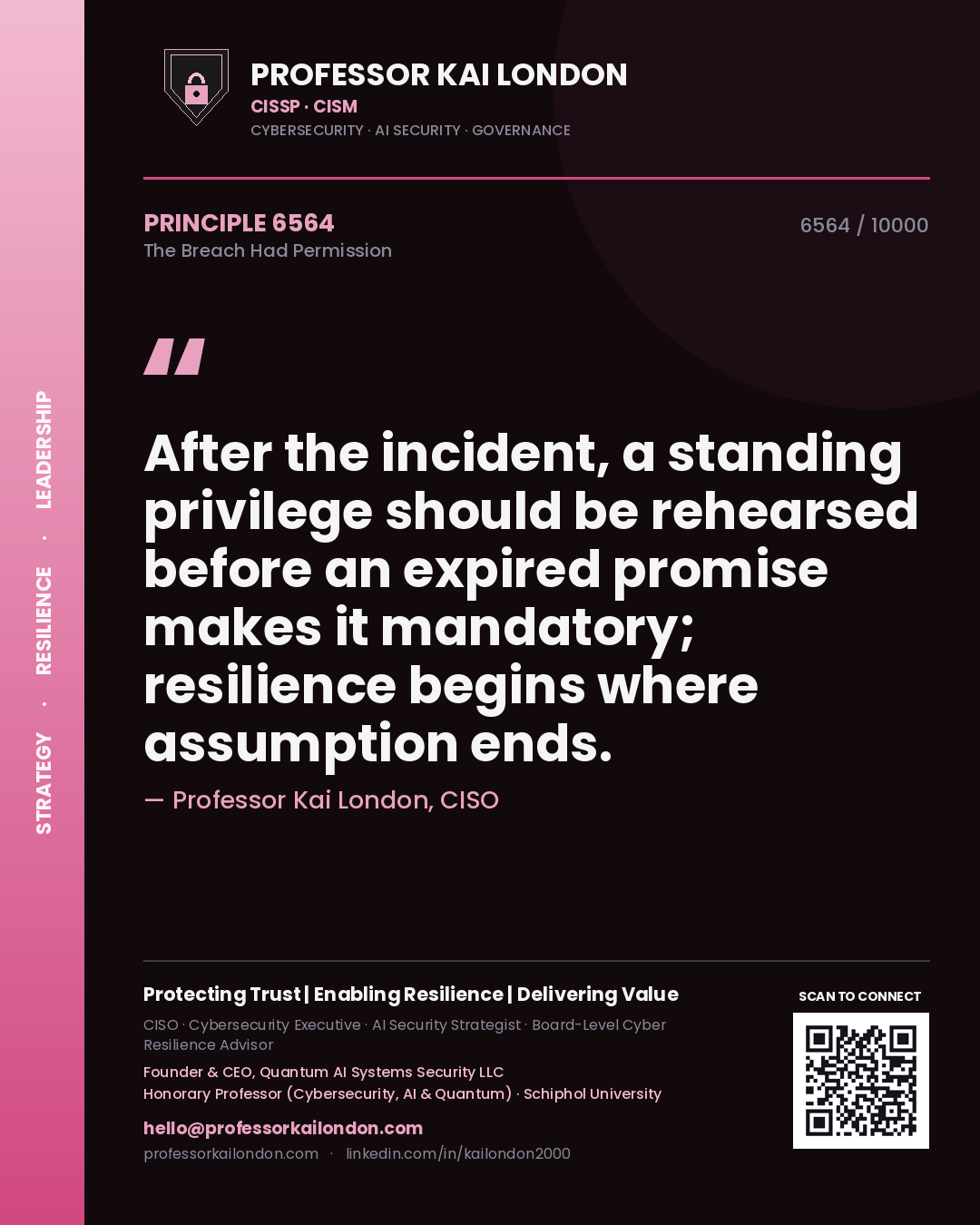 Quote card by Professor Kai London reading 'After the incident, a standing privilege should be rehearsed before an expired promise makes it mandatory; resilience begins where assumption ends.'. From the book The Breach Had Permission.