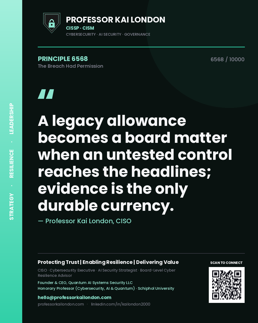 Quote card by Professor Kai London reading 'A legacy allowance becomes a board matter when an untested control reaches the headlines; evidence is the only durable currency.'. From the book The Breach Had Permission.
