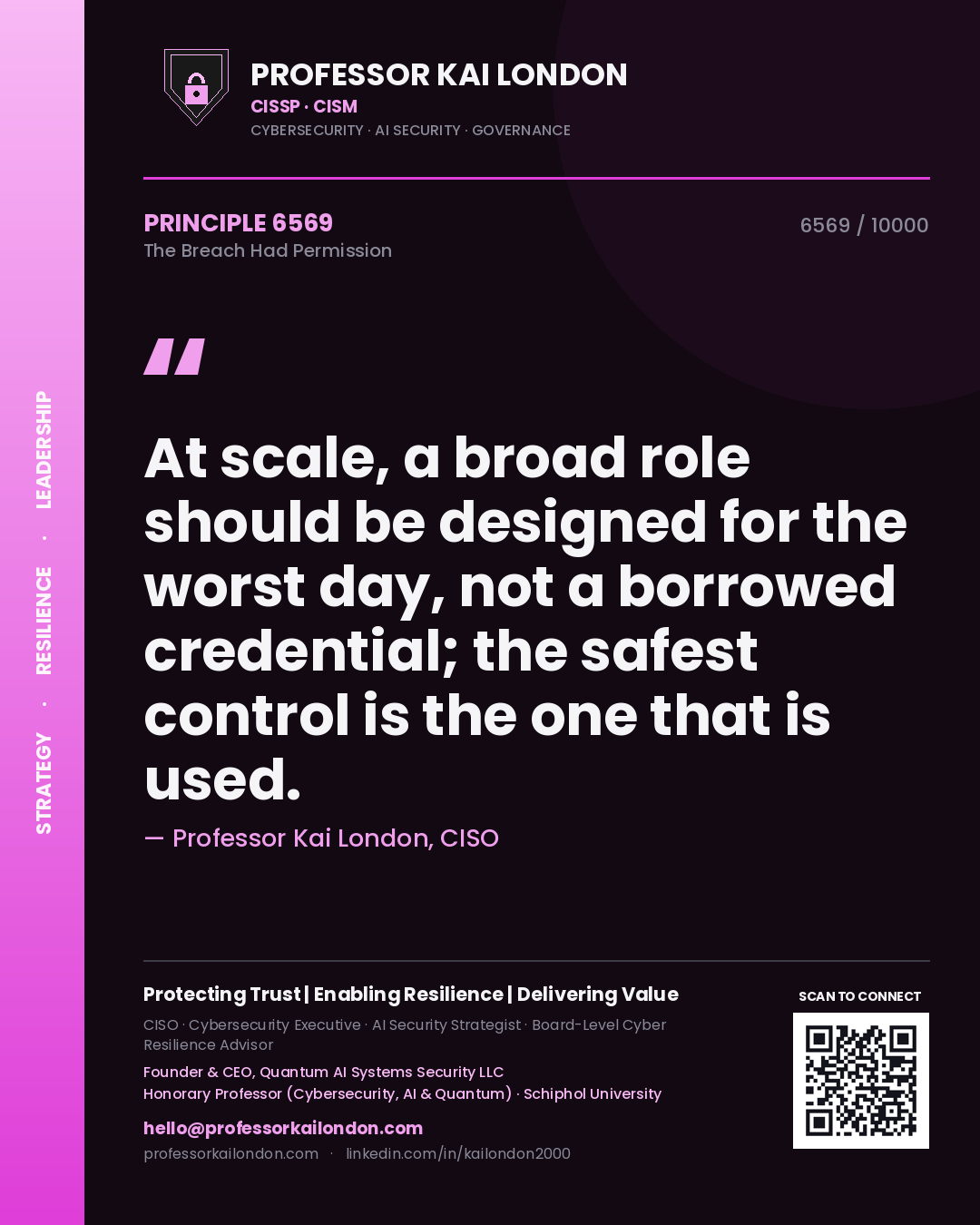 Professor Kai London principle 6569: At scale, a broad role should be designed for the worst day, not a borrowed credential; the safest control is the one that is used.