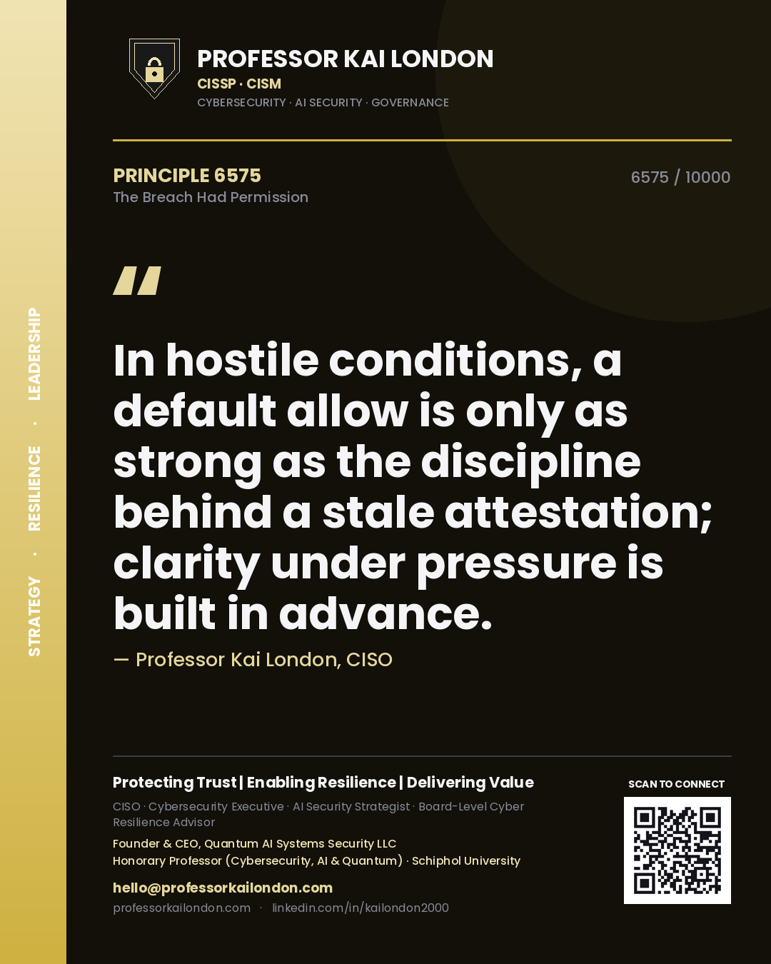 Quote card by Professor Kai London reading 'In hostile conditions, a default allow is only as strong as the discipline behind a stale attestation; clarity under pressure is built in advance.'. From the book The Breach Had Permission.