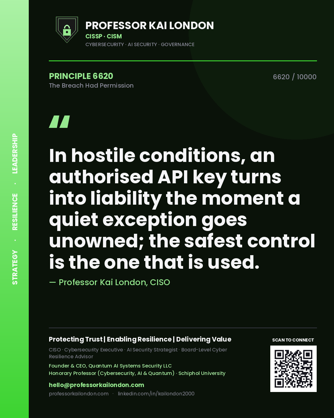 Professor Kai London principle 6620: In hostile conditions, an authorised API key turns into liability the moment a quiet exception goes unowned; the safest control is the one that is used.