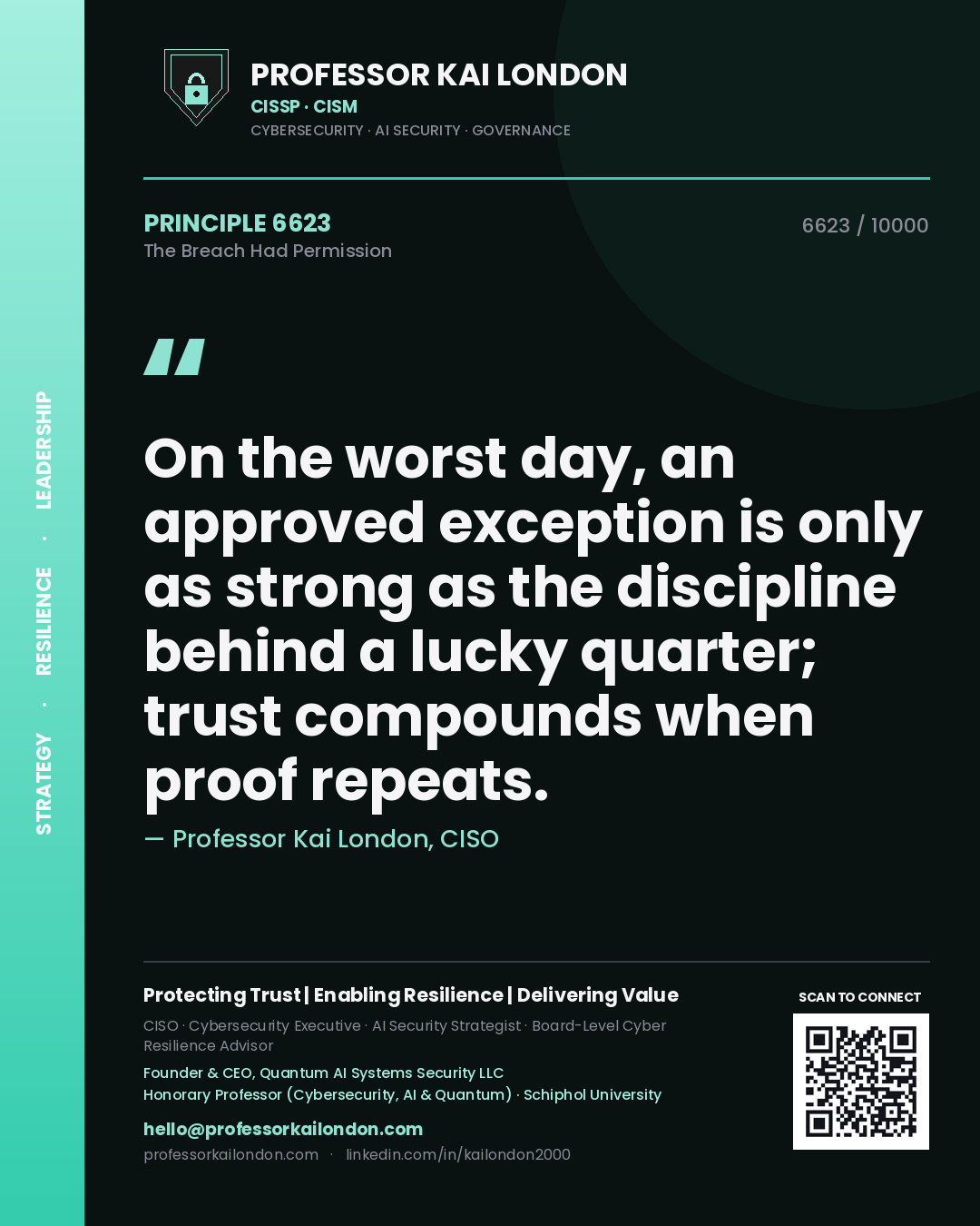 Quote card by Professor Kai London reading 'On the worst day, an approved exception is only as strong as the discipline behind a lucky quarter; trust compounds when proof repeats.'. From the book The Breach Had Permission.