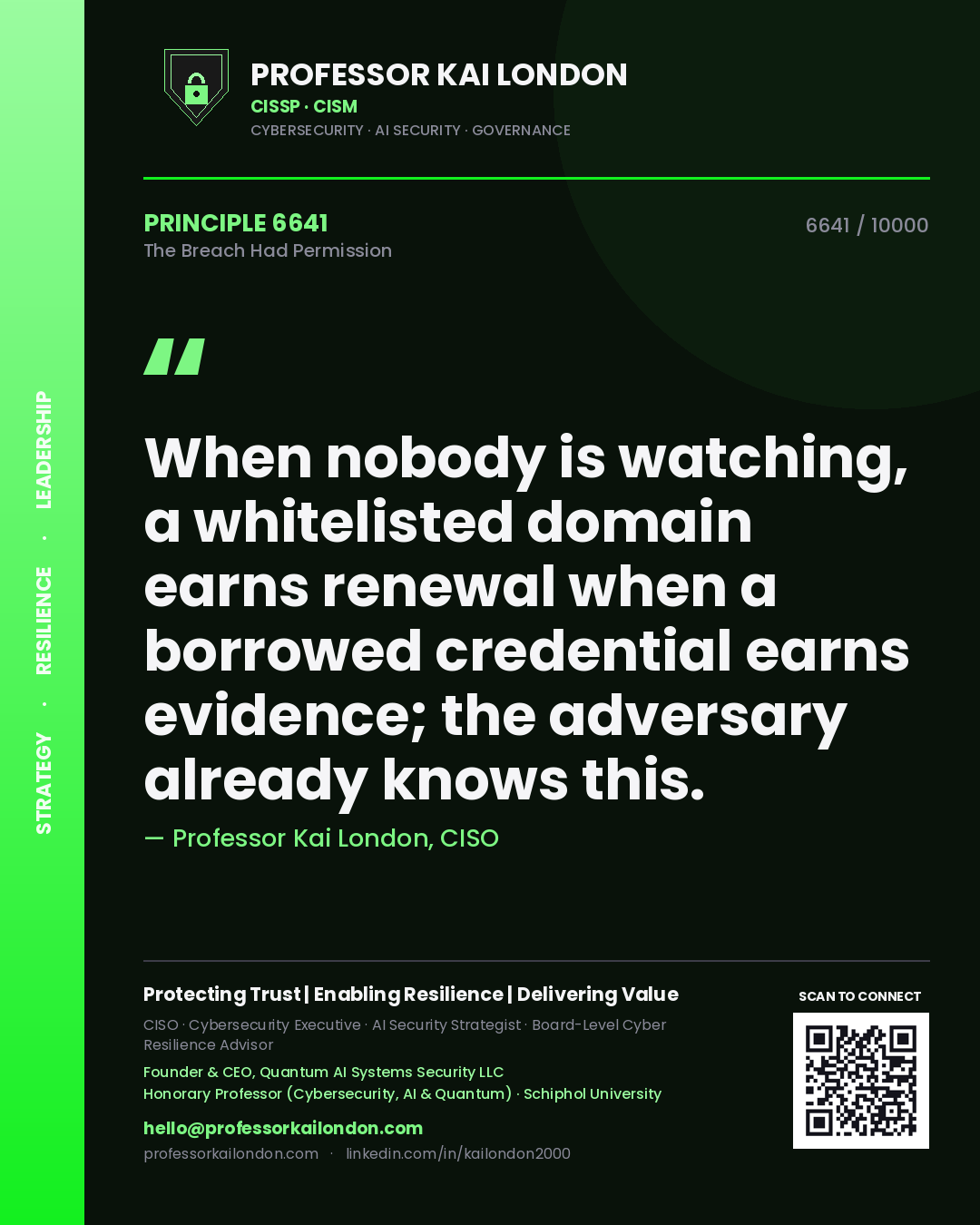 Quote card by Professor Kai London reading 'When nobody is watching, a whitelisted domain earns renewal when a borrowed credential earns evidence; the adversary already knows this.'. From the book The Breach Had Permission.