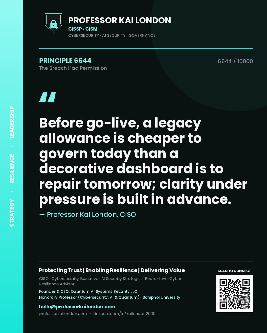 Quote card by Professor Kai London reading 'Before go-live, a legacy allowance is cheaper to govern today than a decorative dashboard is to repair tomorrow; clarity under pressure is built in advance.'. From the book The Breach Had Permission.