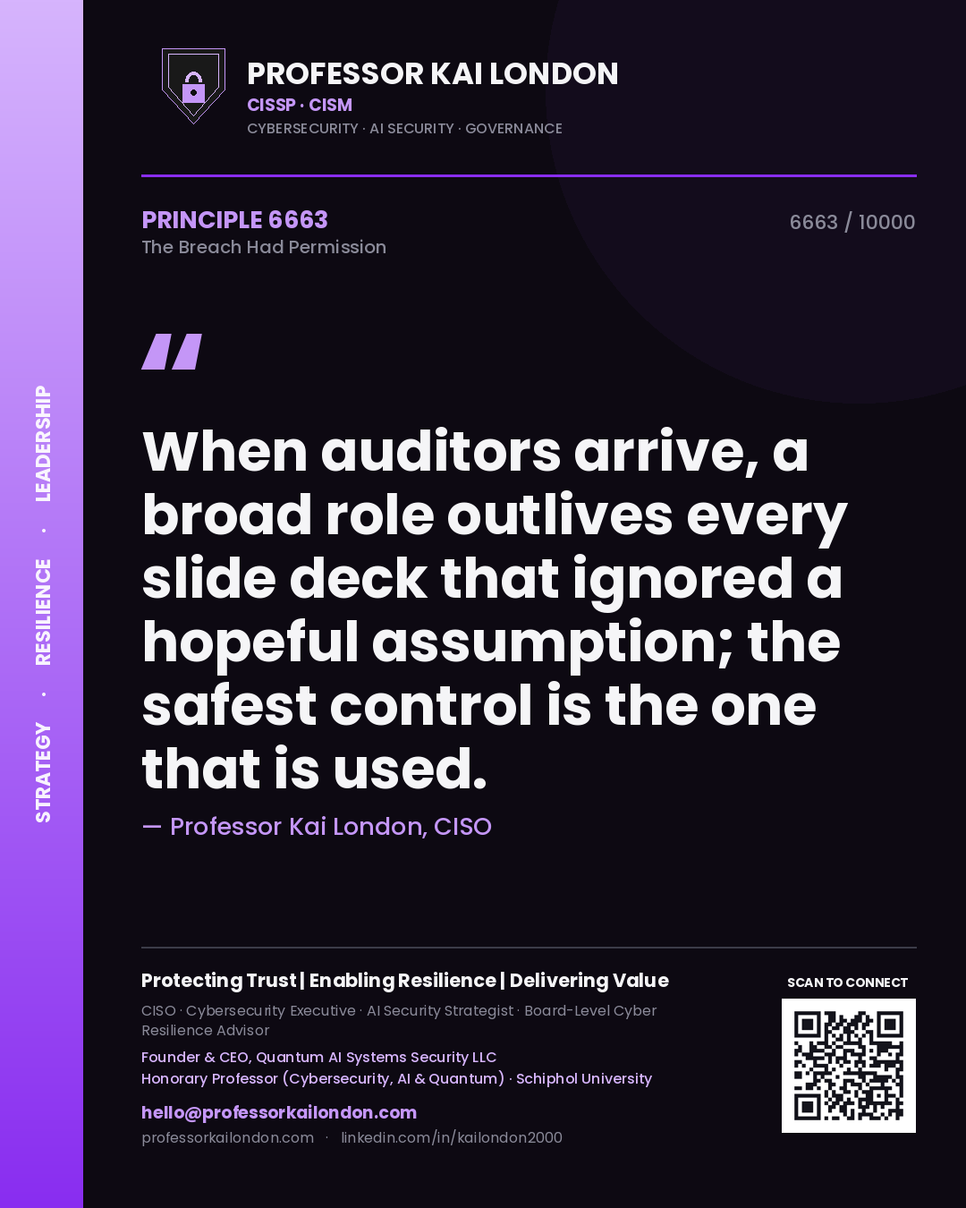 Quote card by Professor Kai London reading 'When auditors arrive, a broad role outlives every slide deck that ignored a hopeful assumption; the safest control is the one that is used.'. From the book The Breach Had Permission.