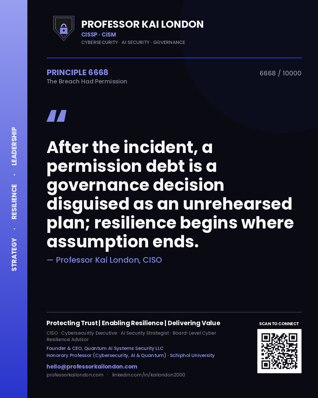 Professor Kai London principle 6668: After the incident, a permission debt is a governance decision disguised as an unrehearsed plan; resilience begins where assumption ends.