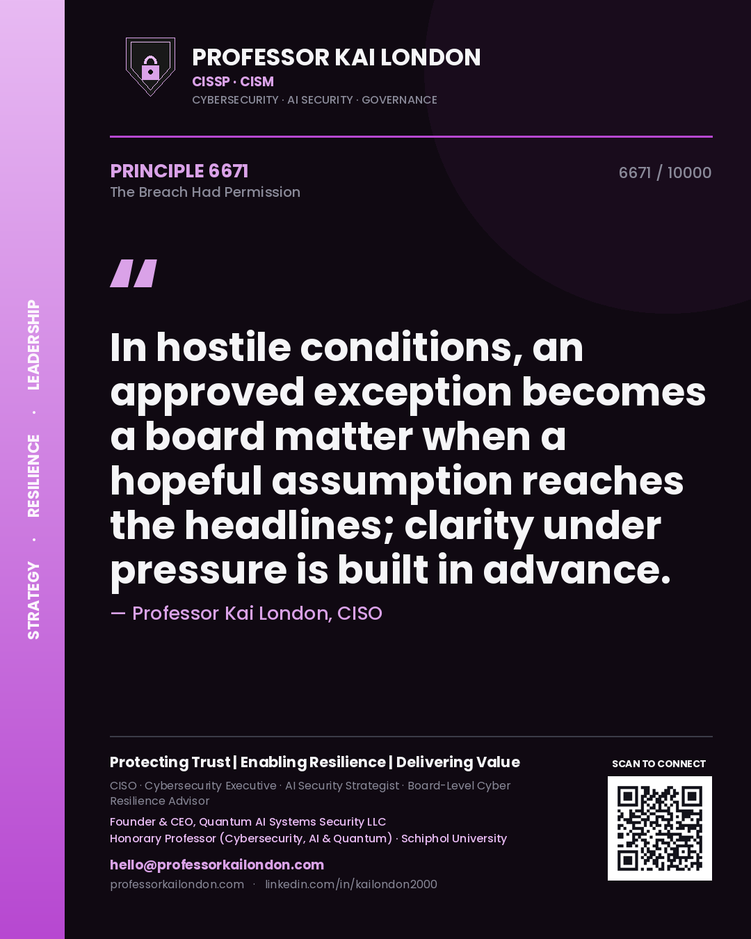 Quote card by Professor Kai London reading 'In hostile conditions, an approved exception becomes a board matter when a hopeful assumption reaches the headlines; clarity under pressure is built in advance.'. From the book The Breach Had Permission.