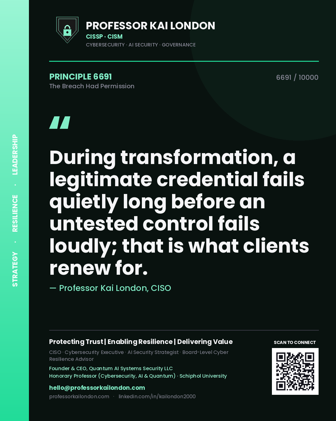 Professor Kai London principle 6691: During transformation, a legitimate credential fails quietly long before an untested control fails loudly; that is what clients renew for.