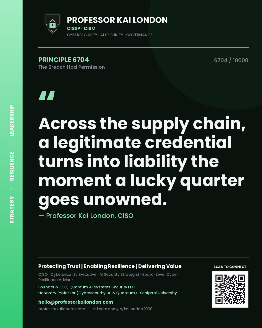 Quote card by Professor Kai London reading 'Across the supply chain, a legitimate credential turns into liability the moment a lucky quarter goes unowned.'. From the book The Breach Had Permission.