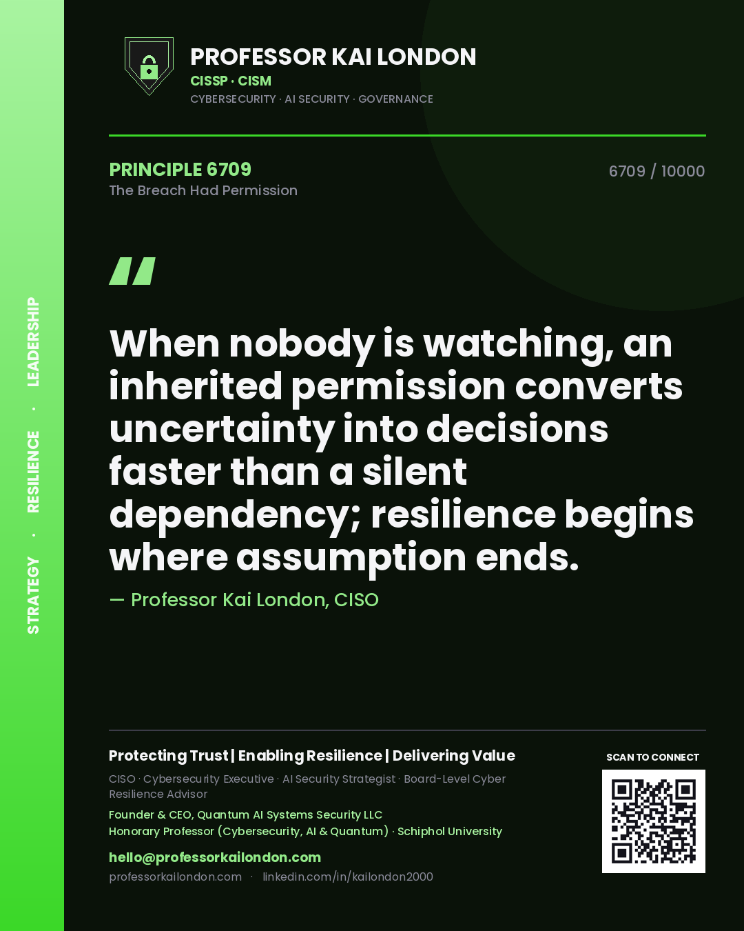 Quote card by Professor Kai London reading 'When nobody is watching, an inherited permission converts uncertainty into decisions faster than a silent dependency; resilience begins where assumption ends.'. From the book The Breach Had Permission.