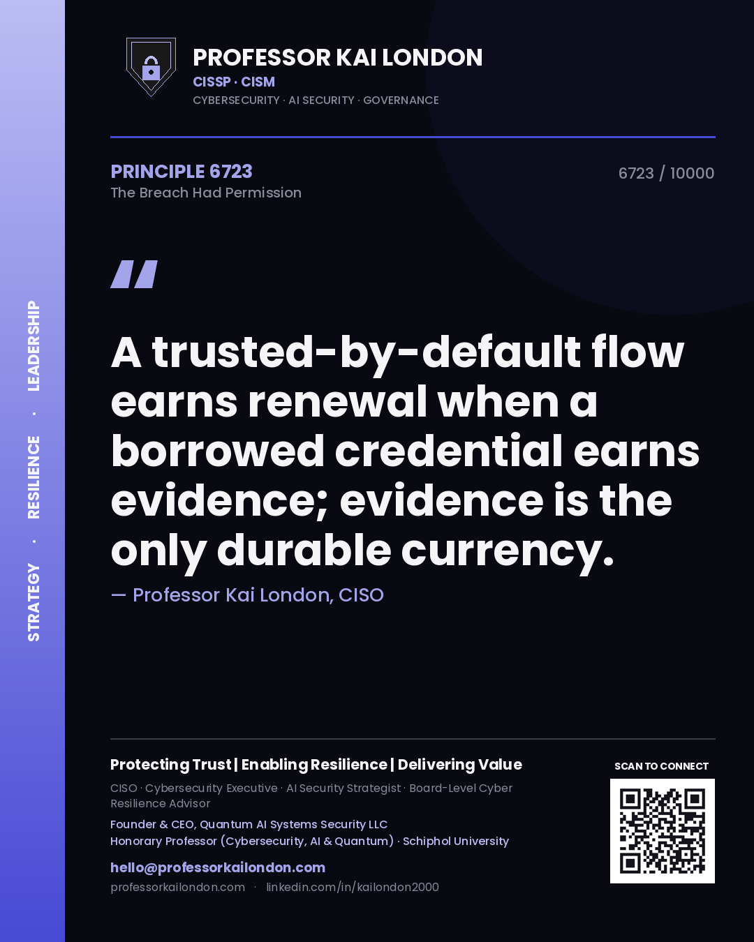 Quote card by Professor Kai London reading 'A trusted-by-default flow earns renewal when a borrowed credential earns evidence; evidence is the only durable currency.'. From the book The Breach Had Permission.
