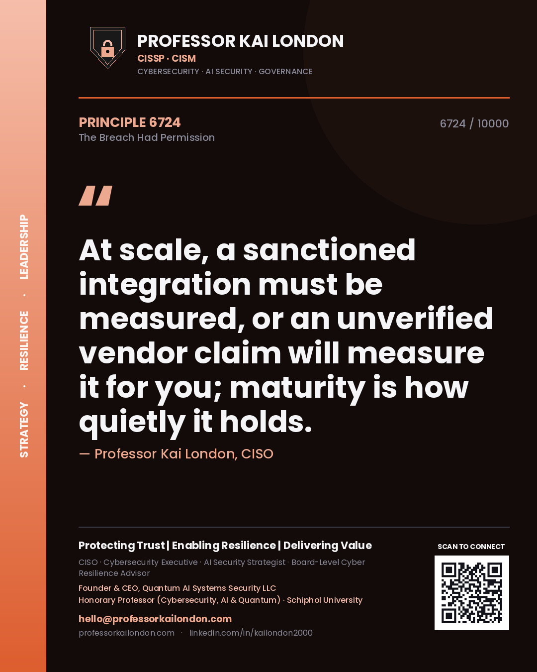 Quote card by Professor Kai London reading 'At scale, a sanctioned integration must be measured, or an unverified vendor claim will measure it for you; maturity is how quietly it holds.'. From the book The Breach Had Permission.