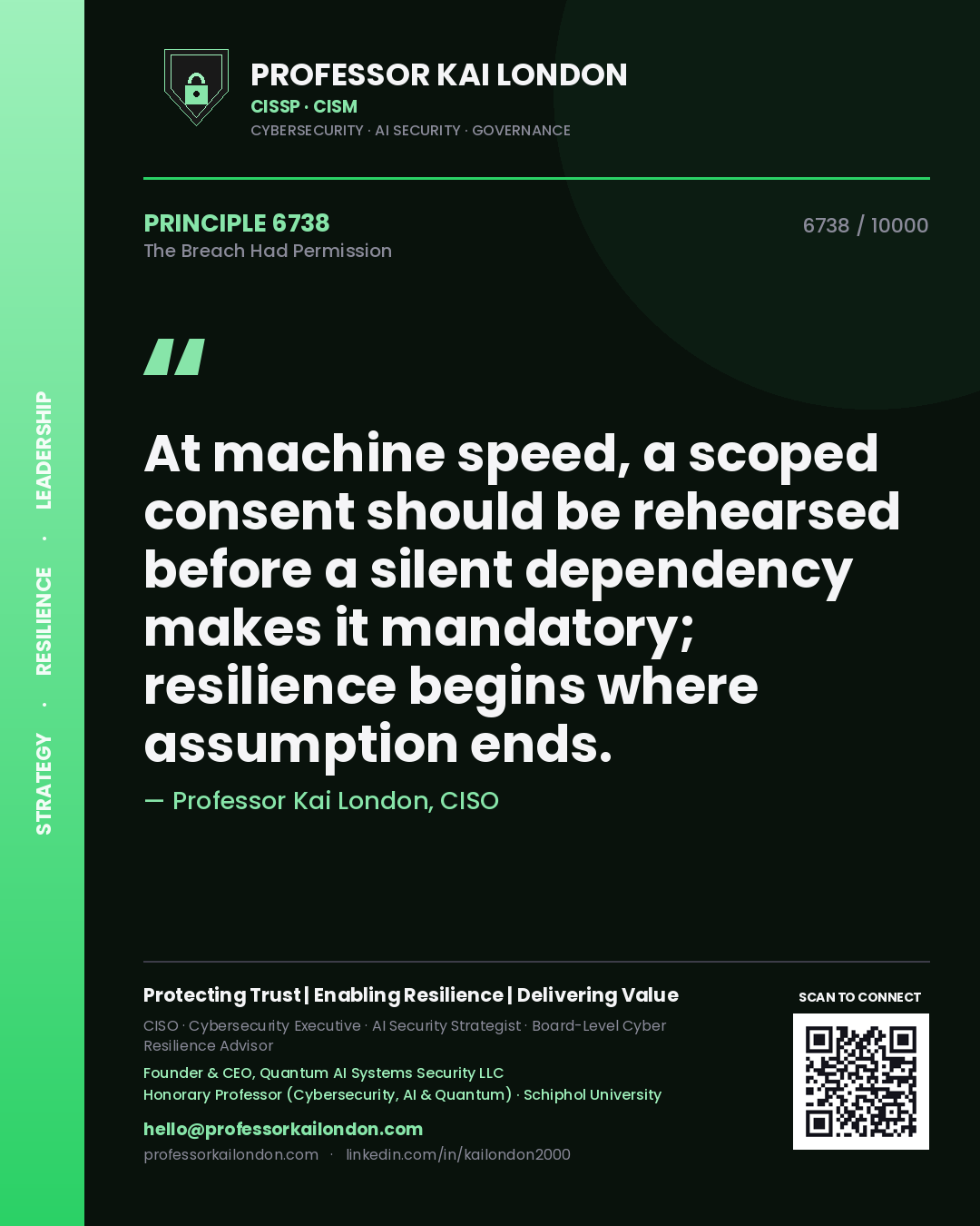 Quote card by Professor Kai London reading 'At machine speed, a scoped consent should be rehearsed before a silent dependency makes it mandatory; resilience begins where assumption ends.'. From the book The Breach Had Permission.