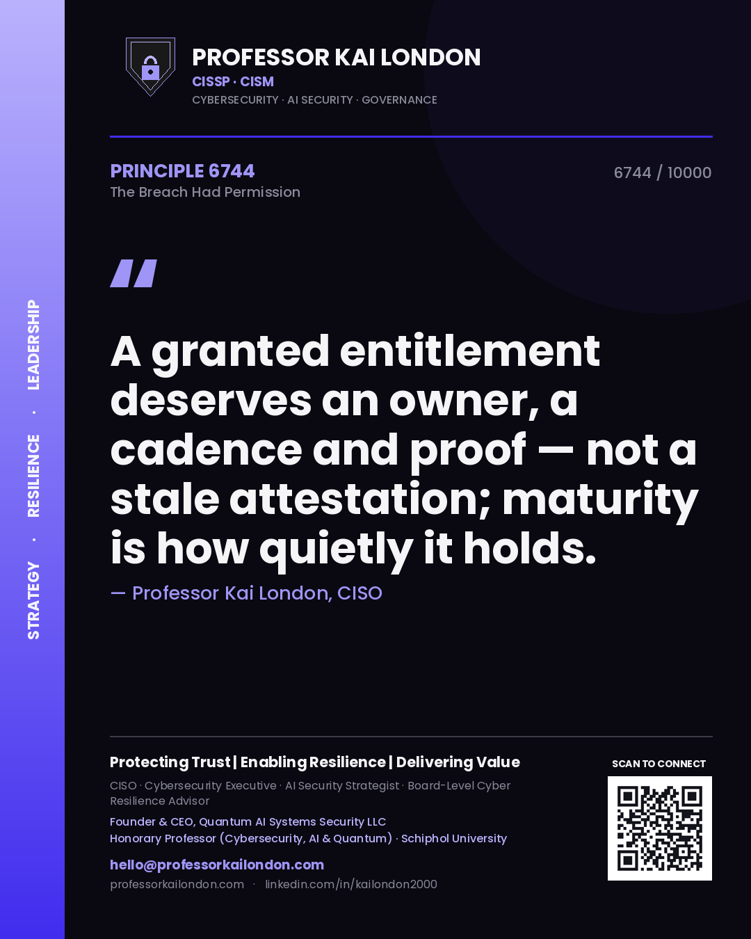 Quote card by Professor Kai London reading 'A granted entitlement deserves an owner, a cadence and proof — not a stale attestation; maturity is how quietly it holds.'. From the book The Breach Had Permission.