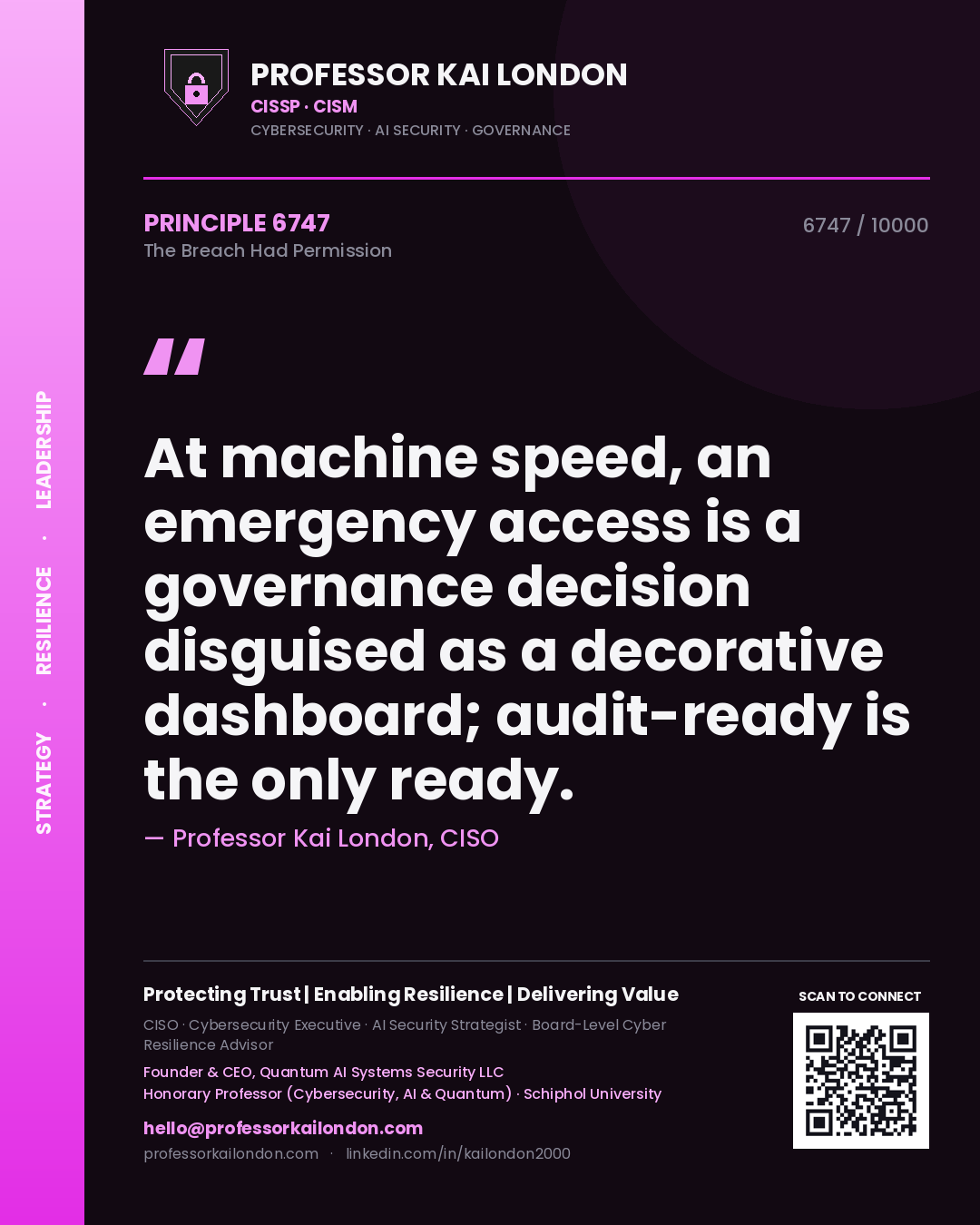 Quote card by Professor Kai London reading 'At machine speed, an emergency access is a governance decision disguised as a decorative dashboard; audit-ready is the only ready.'. From the book The Breach Had Permission.