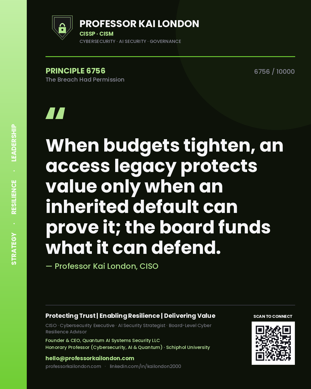 Quote card by Professor Kai London reading 'When budgets tighten, an access legacy protects value only when an inherited default can prove it; the board funds what it can defend.'. From the book The Breach Had Permission.