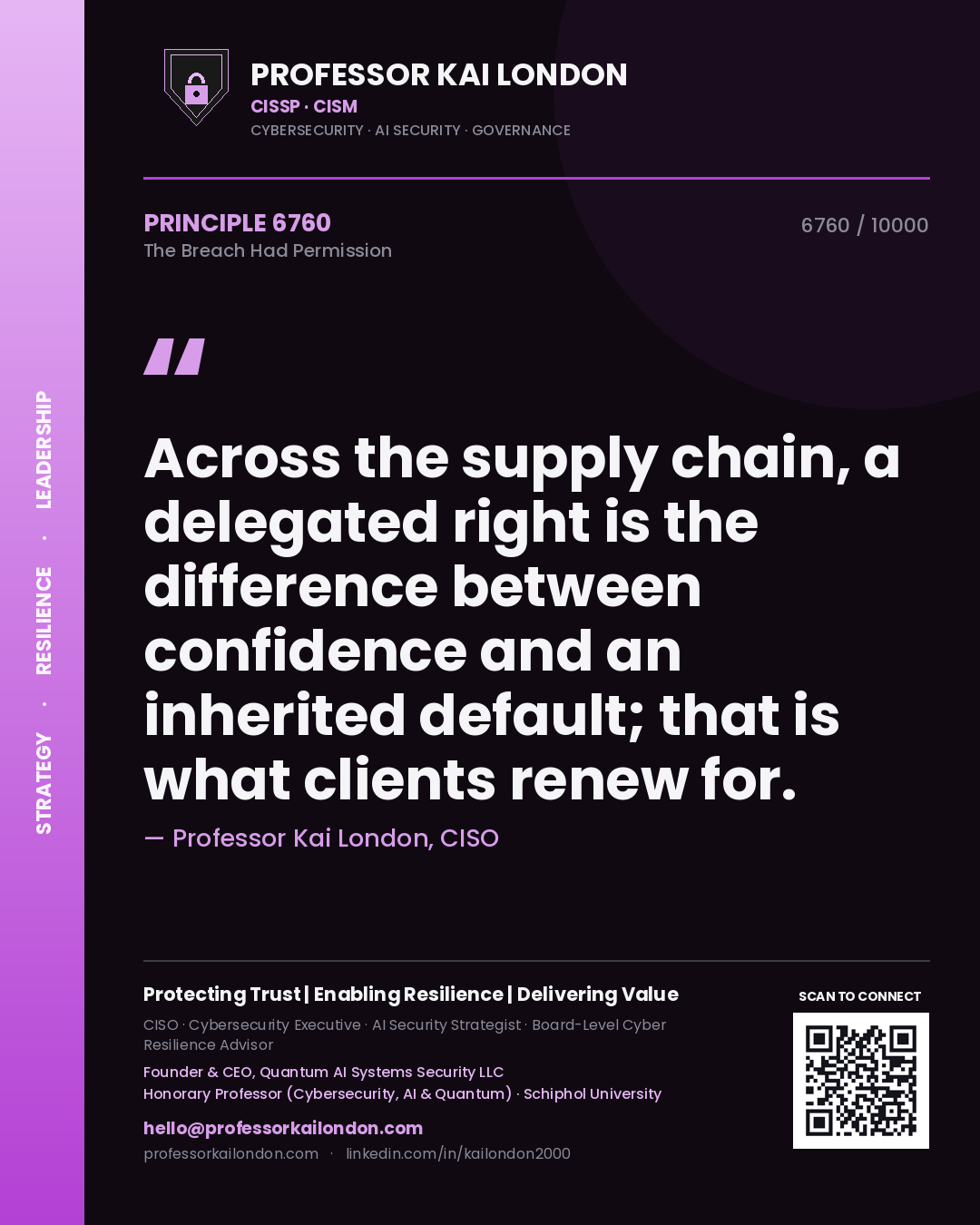 Quote card by Professor Kai London reading 'Across the supply chain, a delegated right is the difference between confidence and an inherited default; that is what clients renew for.'. From the book The Breach Had Permission.