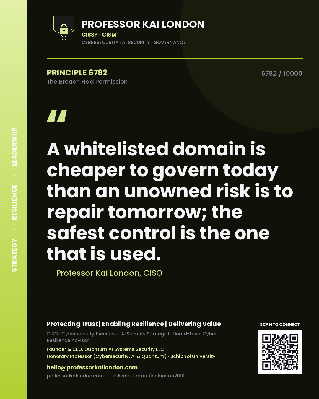 Quote card by Professor Kai London reading 'A whitelisted domain is cheaper to govern today than an unowned risk is to repair tomorrow; the safest control is the one that is used.'. From the book The Breach Had Permission.