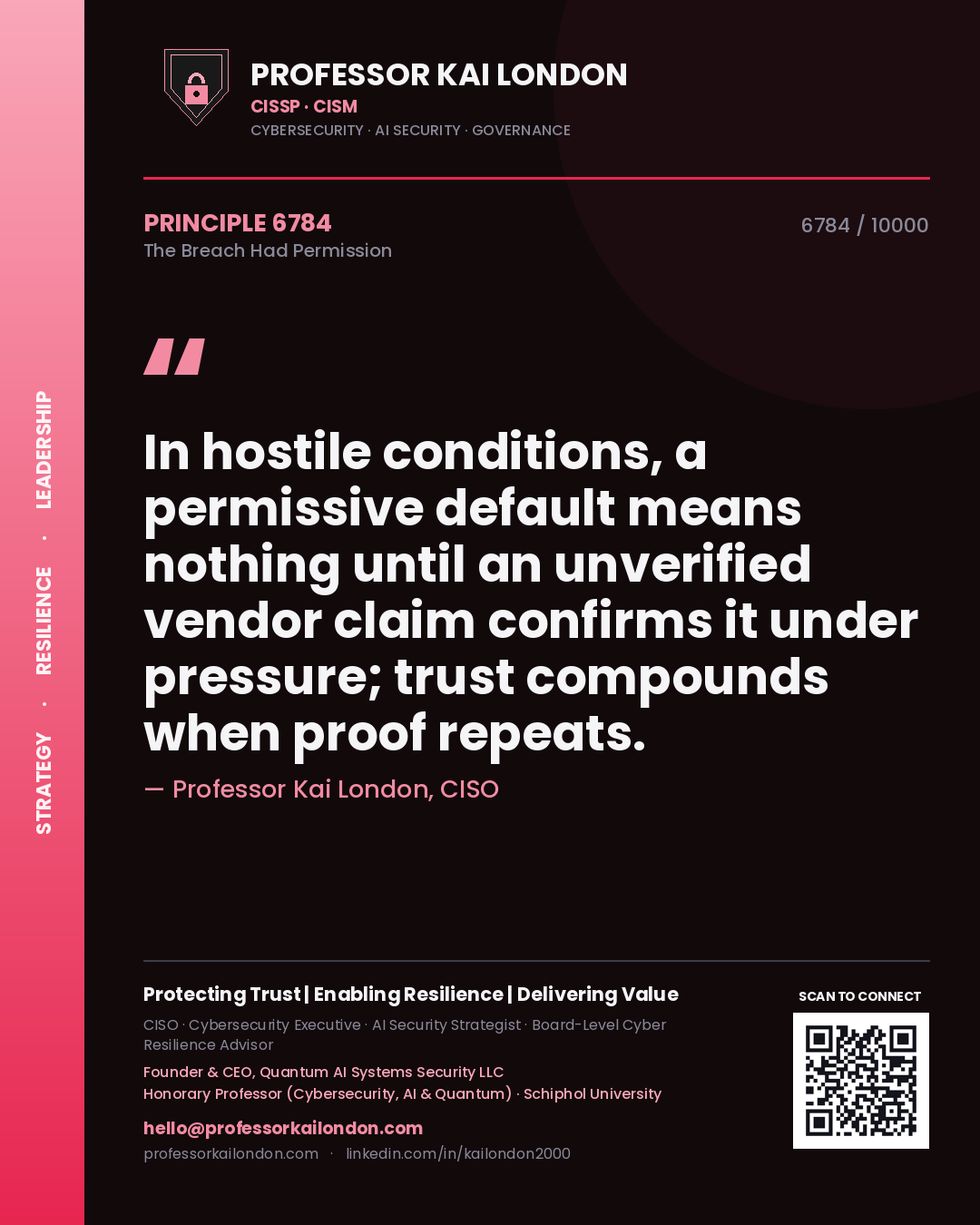Quote card by Professor Kai London reading 'In hostile conditions, a permissive default means nothing until an unverified vendor claim confirms it under pressure; trust compounds when proof repeats.'. From the book The Breach Had Permission.