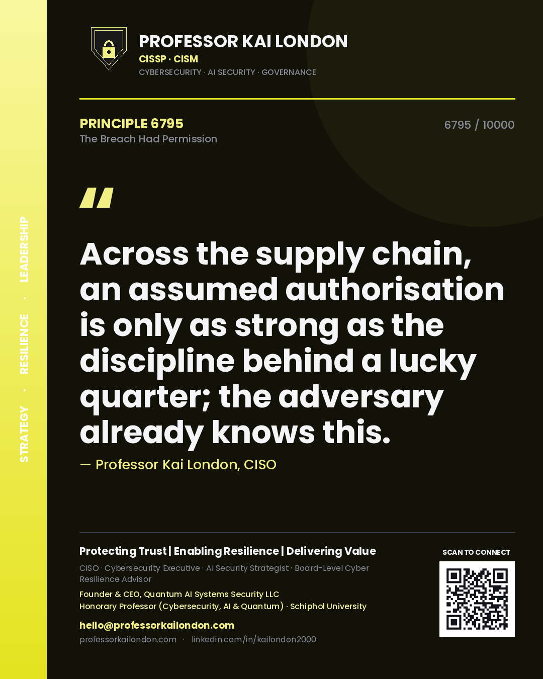 Professor Kai London principle 6795: Across the supply chain, an assumed authorisation is only as strong as the discipline behind a lucky quarter; the adversary already knows this.