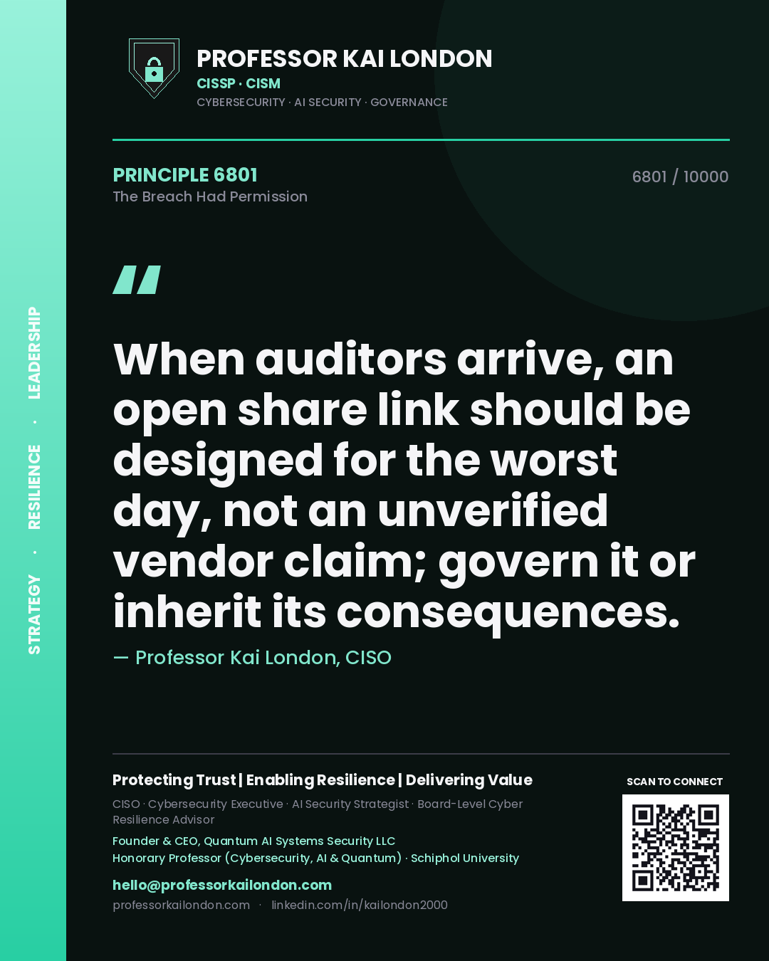 Quote card by Professor Kai London reading 'When auditors arrive, an open share link should be designed for the worst day, not an unverified vendor claim; govern it or inherit its consequences.'. From the book The Breach Had Permission.