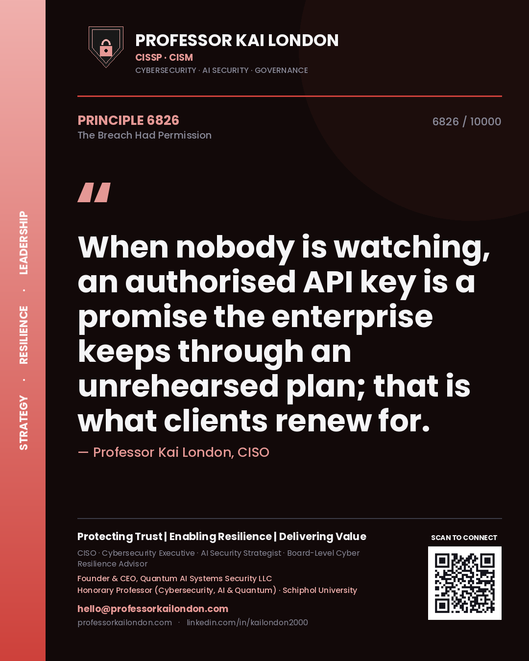 Quote card by Professor Kai London reading 'When nobody is watching, an authorised API key is a promise the enterprise keeps through an unrehearsed plan; that is what clients renew for.'. From the book The Breach Had Permission.