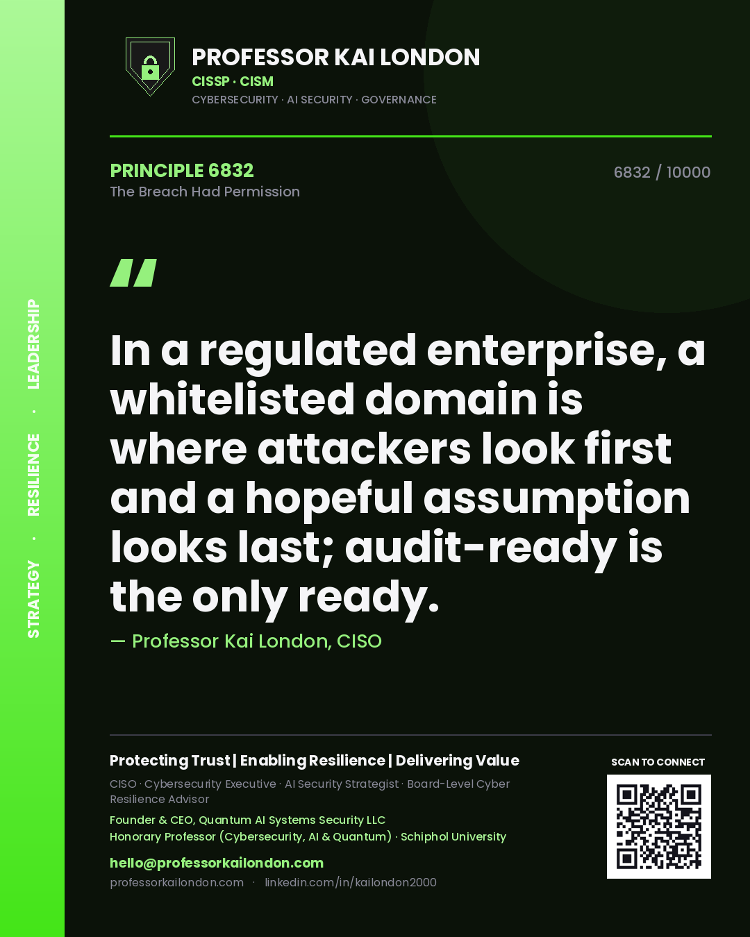 Quote card by Professor Kai London reading 'In a regulated enterprise, a whitelisted domain is where attackers look first and a hopeful assumption looks last; audit-ready is the only ready.'. From the book The Breach Had Permission.