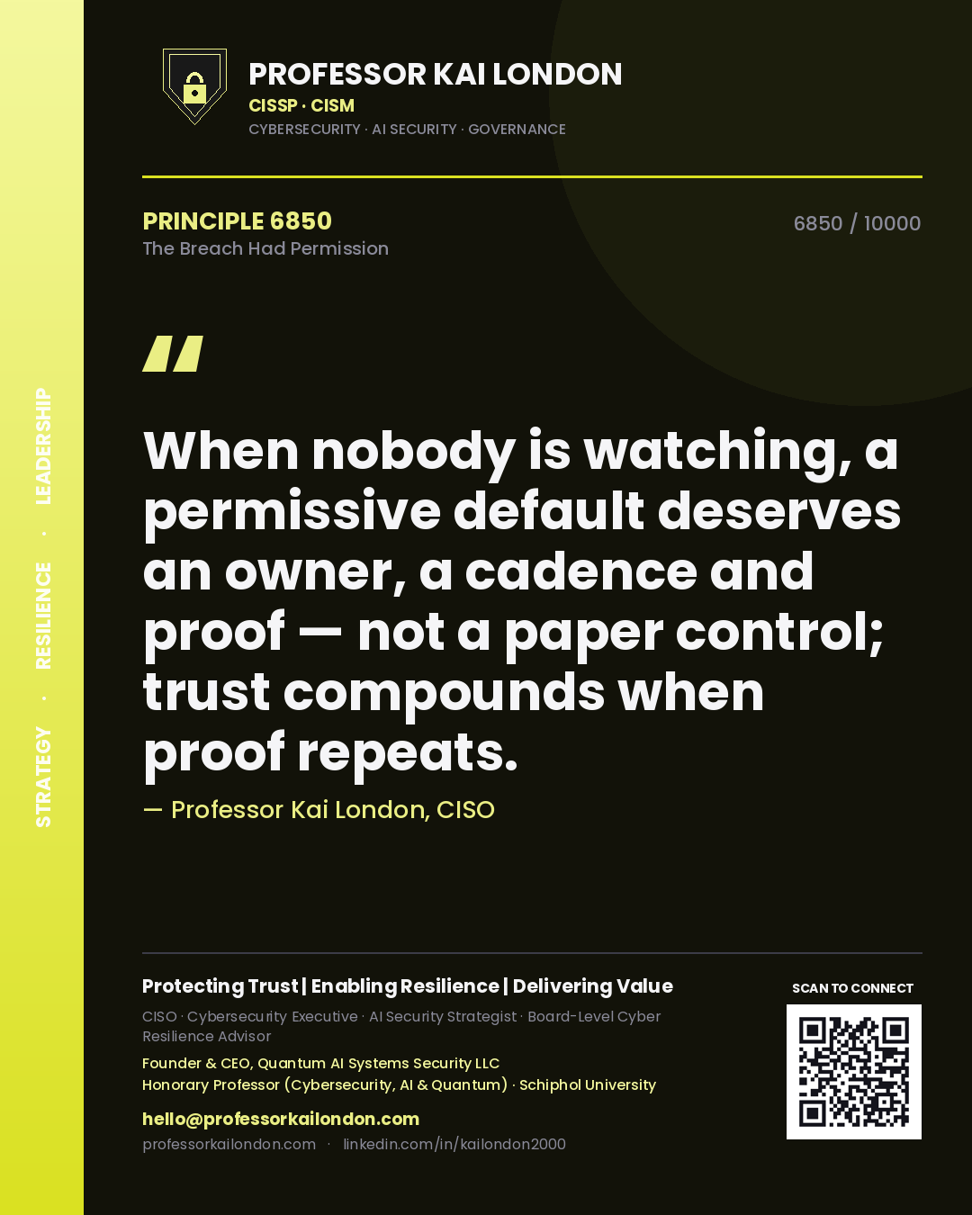 Quote card by Professor Kai London reading 'When nobody is watching, a permissive default deserves an owner, a cadence and proof — not a paper control; trust compounds when proof repeats.'. From the book The Breach Had Permission.