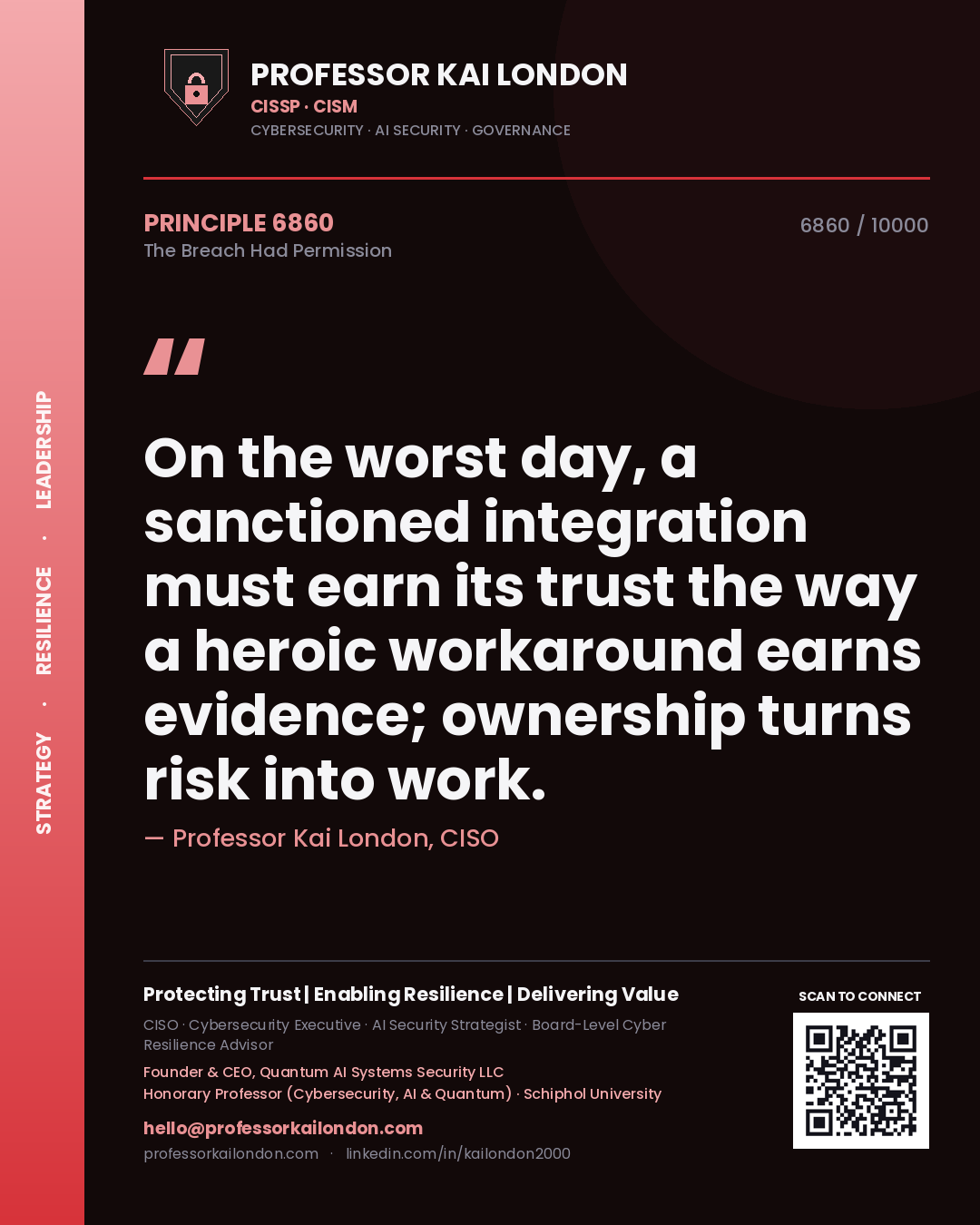 Quote card by Professor Kai London reading 'On the worst day, a sanctioned integration must earn its trust the way a heroic workaround earns evidence; ownership turns risk into work.'. From the book The Breach Had Permission.
