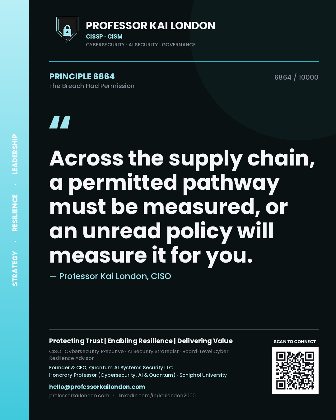 Quote card by Professor Kai London reading 'Across the supply chain, a permitted pathway must be measured, or an unread policy will measure it for you.'. From the book The Breach Had Permission.