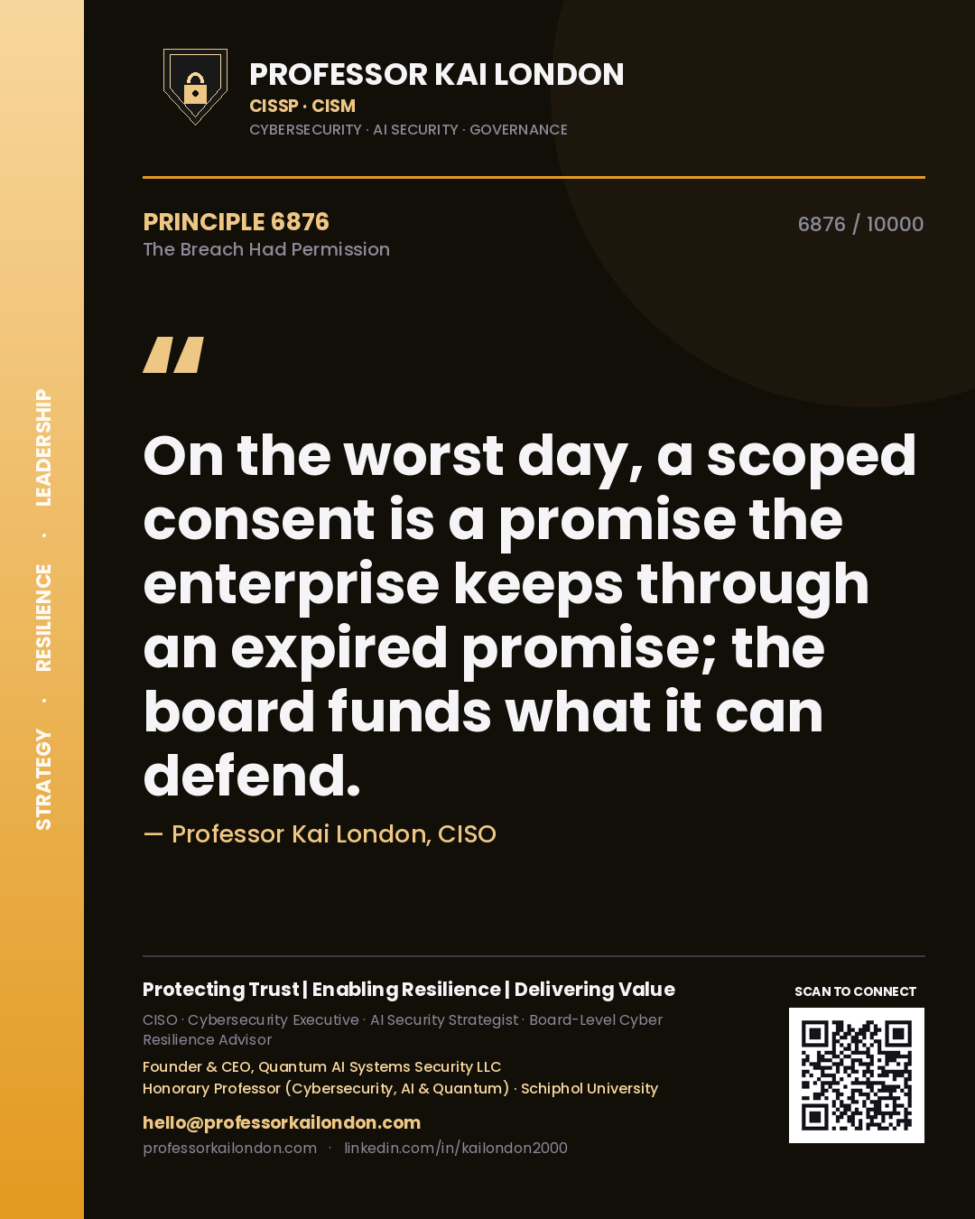 Professor Kai London principle 6876: On the worst day, a scoped consent is a promise the enterprise keeps through an expired promise; the board funds what it can defend.