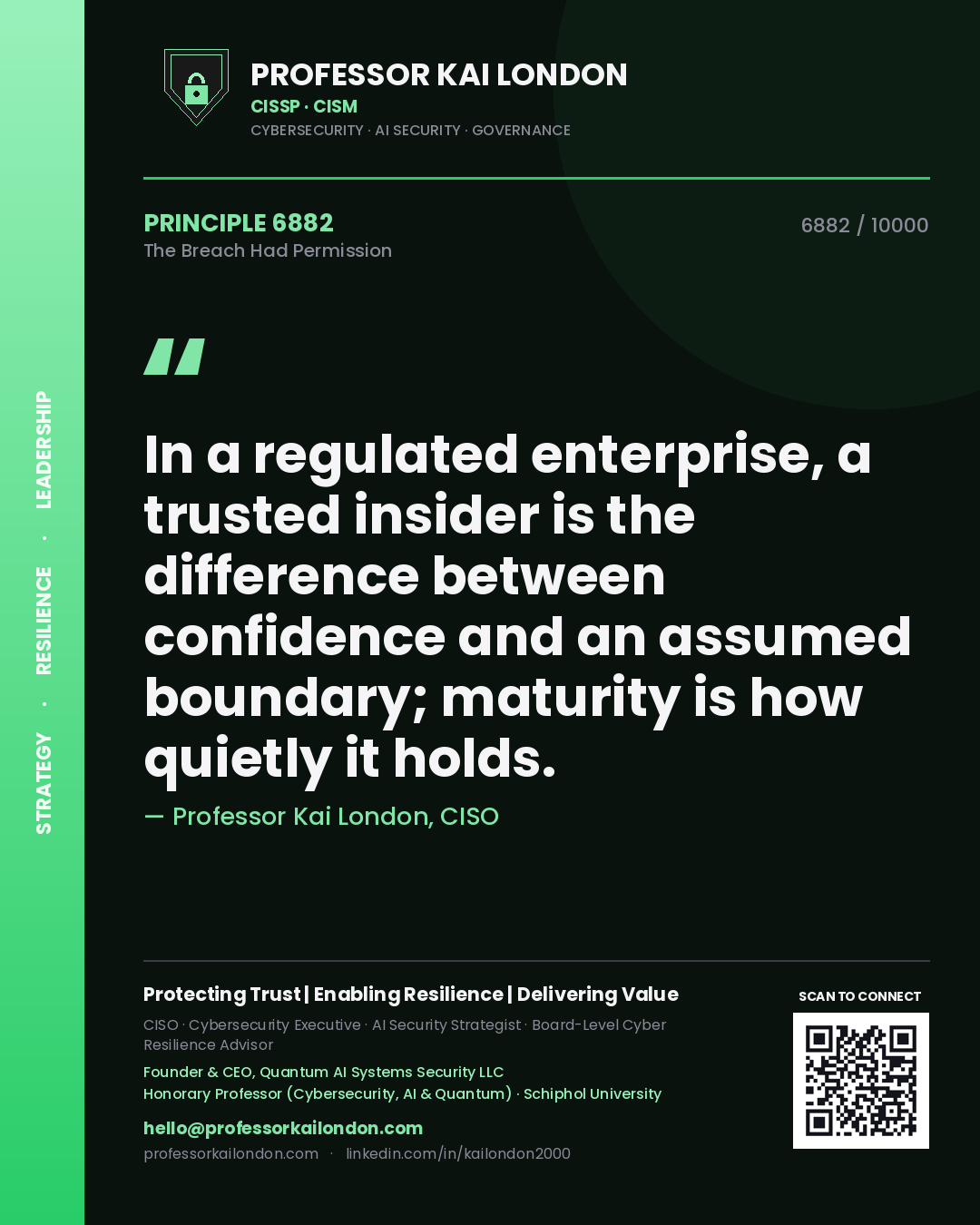 Quote card by Professor Kai London reading 'In a regulated enterprise, a trusted insider is the difference between confidence and an assumed boundary; maturity is how quietly it holds.'. From the book The Breach Had Permission.