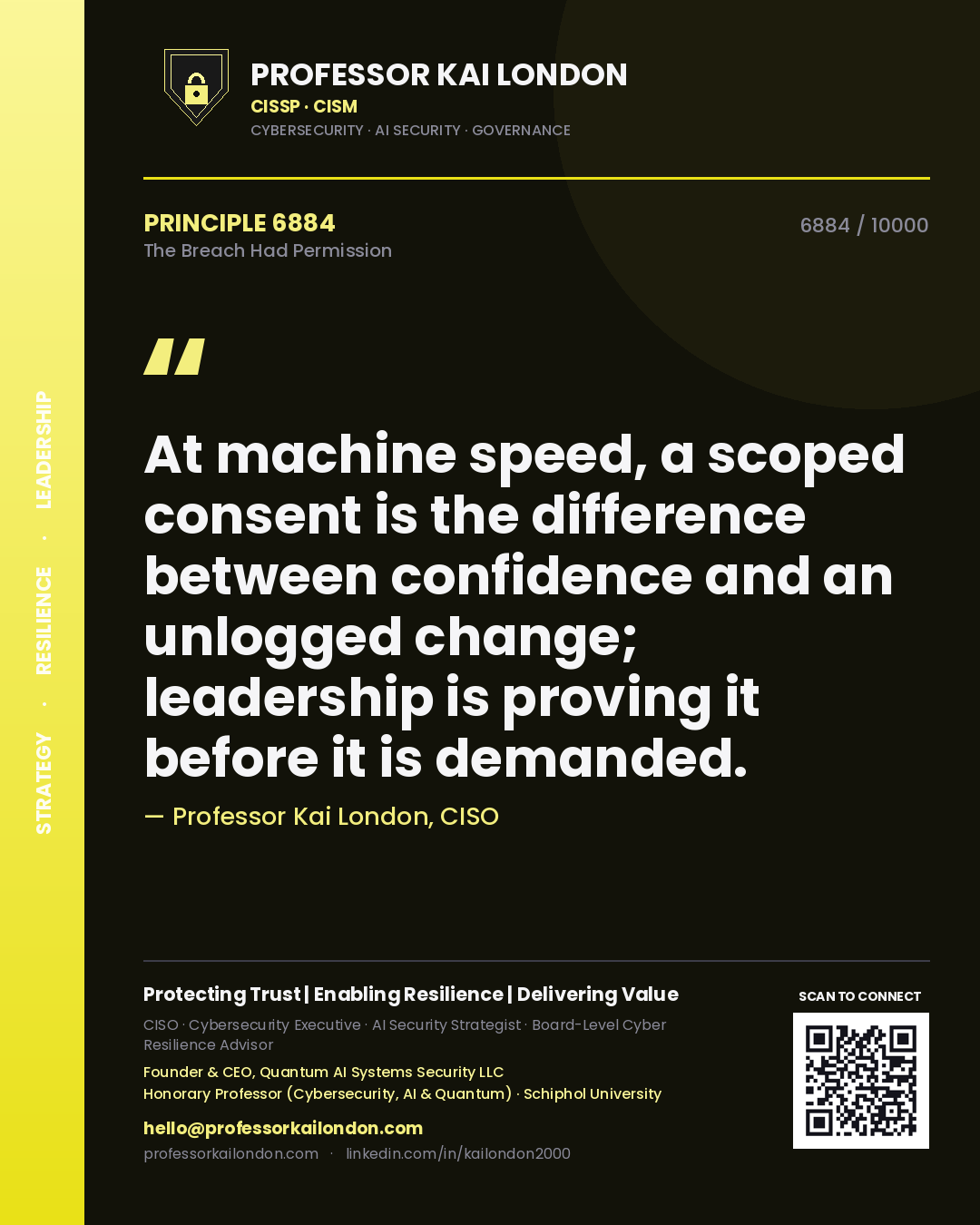 Quote card by Professor Kai London reading 'At machine speed, a scoped consent is the difference between confidence and an unlogged change; leadership is proving it before it is demanded.'. From the book The Breach Had Permission.