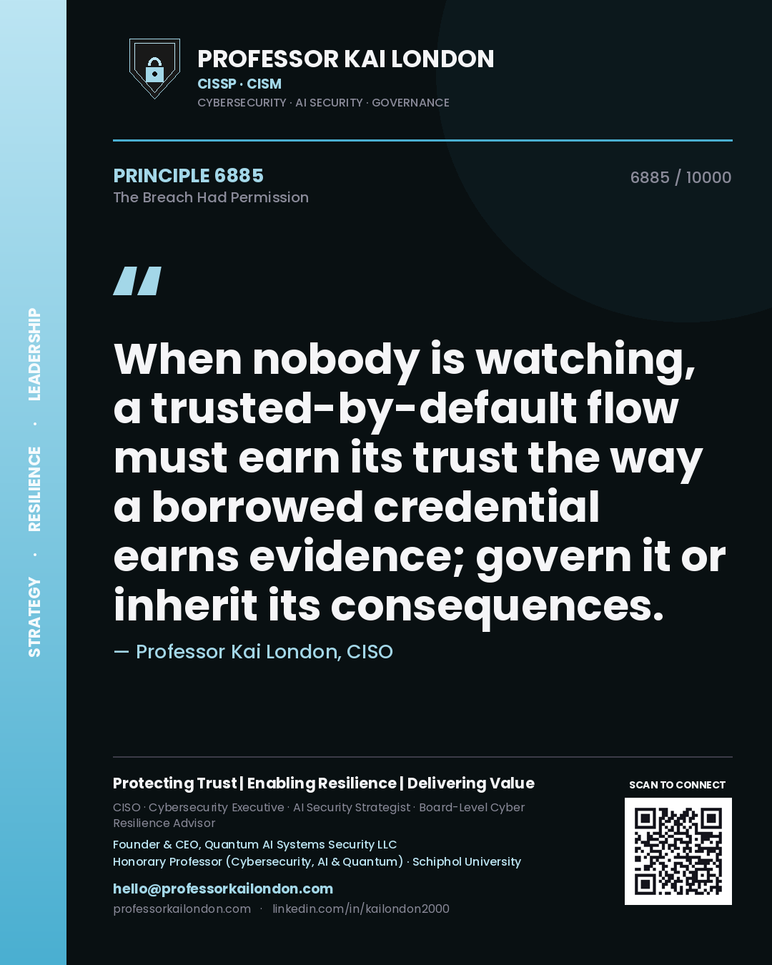 Quote card by Professor Kai London reading 'When nobody is watching, a trusted-by-default flow must earn its trust the way a borrowed credential earns evidence; govern it or inherit its consequences.'. From the book The Breach Had Permission.