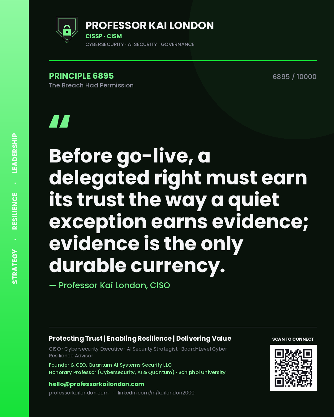 Quote card by Professor Kai London reading 'Before go-live, a delegated right must earn its trust the way a quiet exception earns evidence; evidence is the only durable currency.'. From the book The Breach Had Permission.