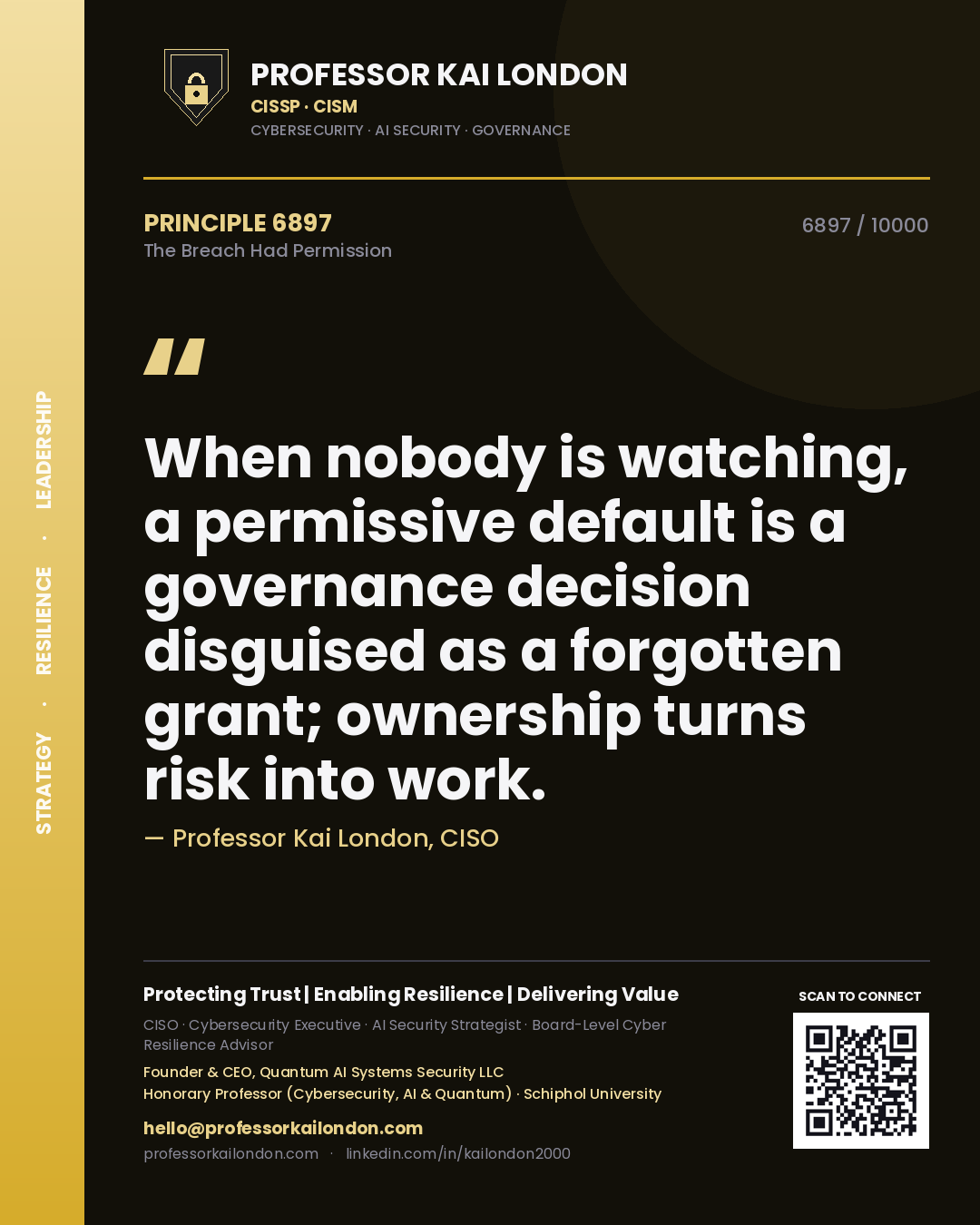Quote card by Professor Kai London reading 'When nobody is watching, a permissive default is a governance decision disguised as a forgotten grant; ownership turns risk into work.'. From the book The Breach Had Permission.