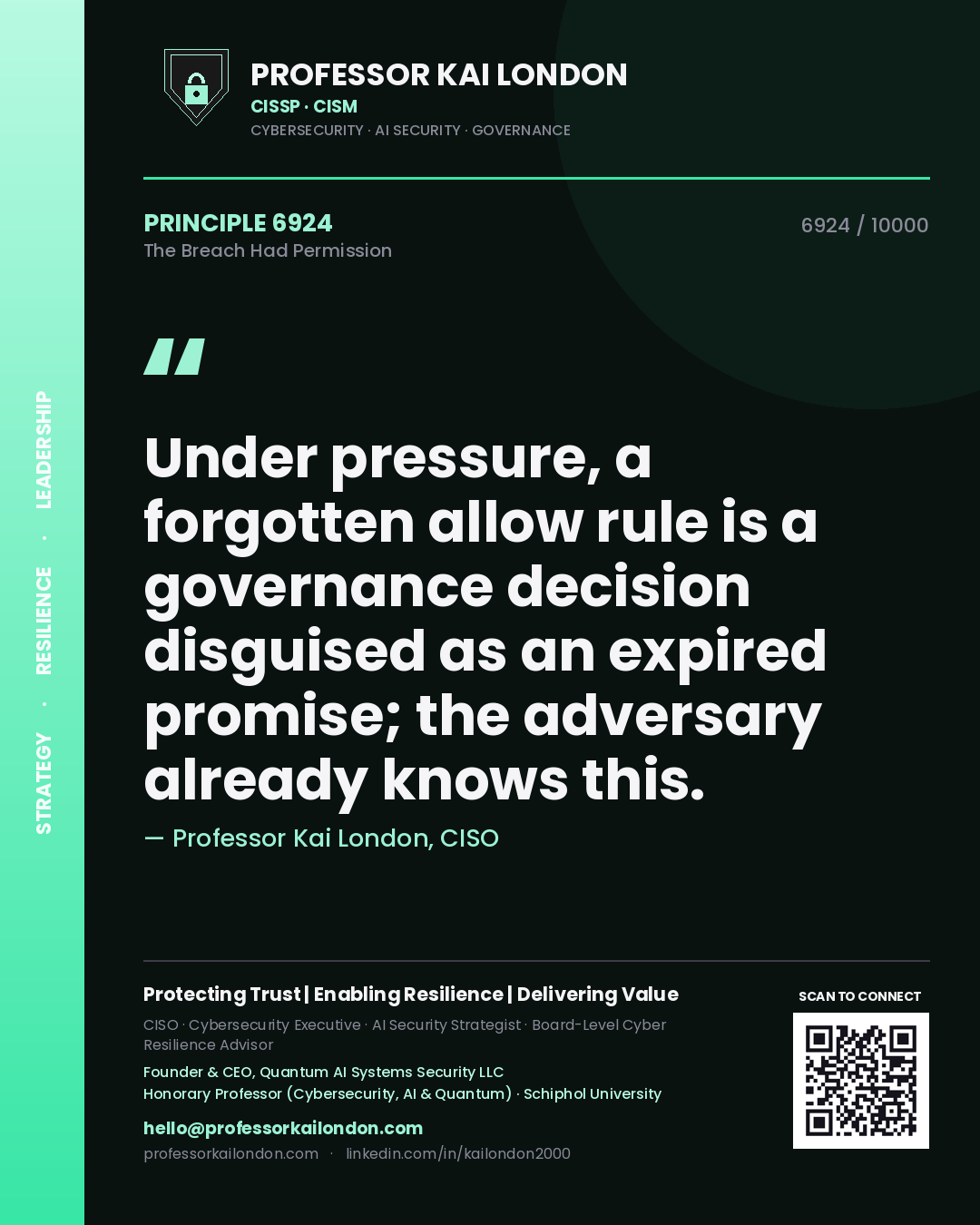 Quote card by Professor Kai London reading 'Under pressure, a forgotten allow rule is a governance decision disguised as an expired promise; the adversary already knows this.'. From the book The Breach Had Permission.