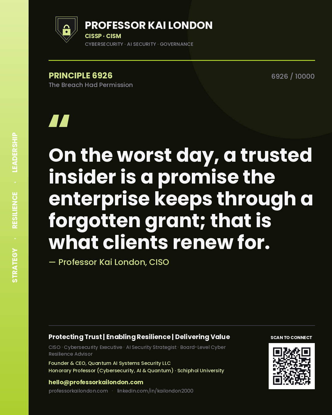 Quote card by Professor Kai London reading 'On the worst day, a trusted insider is a promise the enterprise keeps through a forgotten grant; that is what clients renew for.'. From the book The Breach Had Permission.
