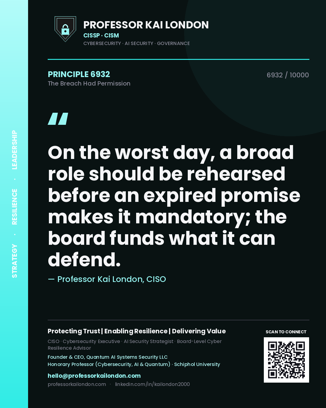 Quote card by Professor Kai London reading 'On the worst day, a broad role should be rehearsed before an expired promise makes it mandatory; the board funds what it can defend.'. From the book The Breach Had Permission.