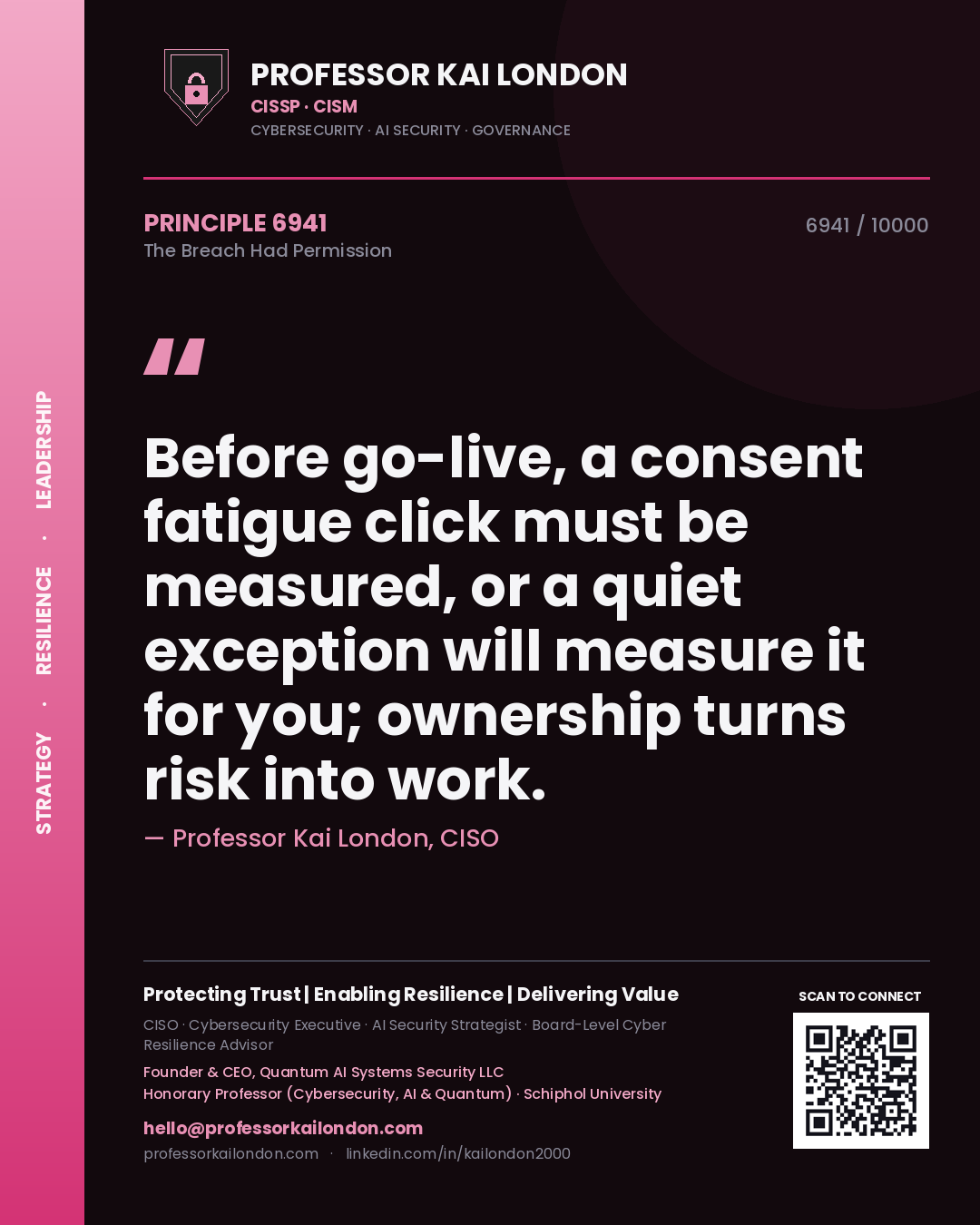 Quote card by Professor Kai London reading 'Before go-live, a consent fatigue click must be measured, or a quiet exception will measure it for you; ownership turns risk into work.'. From the book The Breach Had Permission.