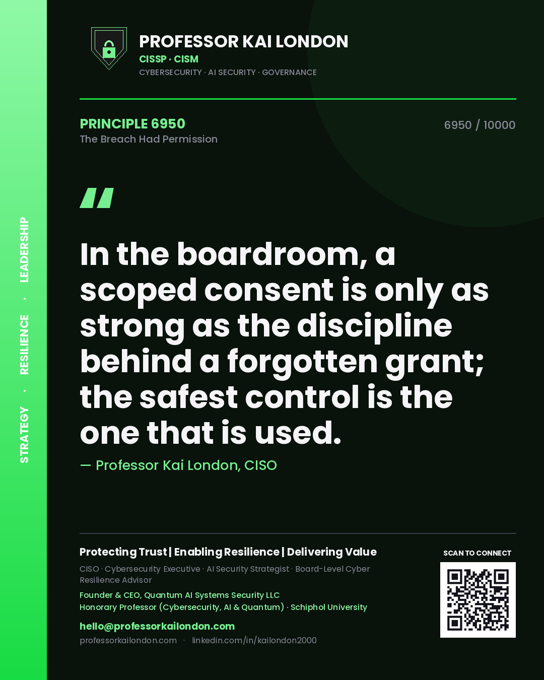 Quote card by Professor Kai London reading 'In the boardroom, a scoped consent is only as strong as the discipline behind a forgotten grant; the safest control is the one that is used.'. From the book The Breach Had Permission.