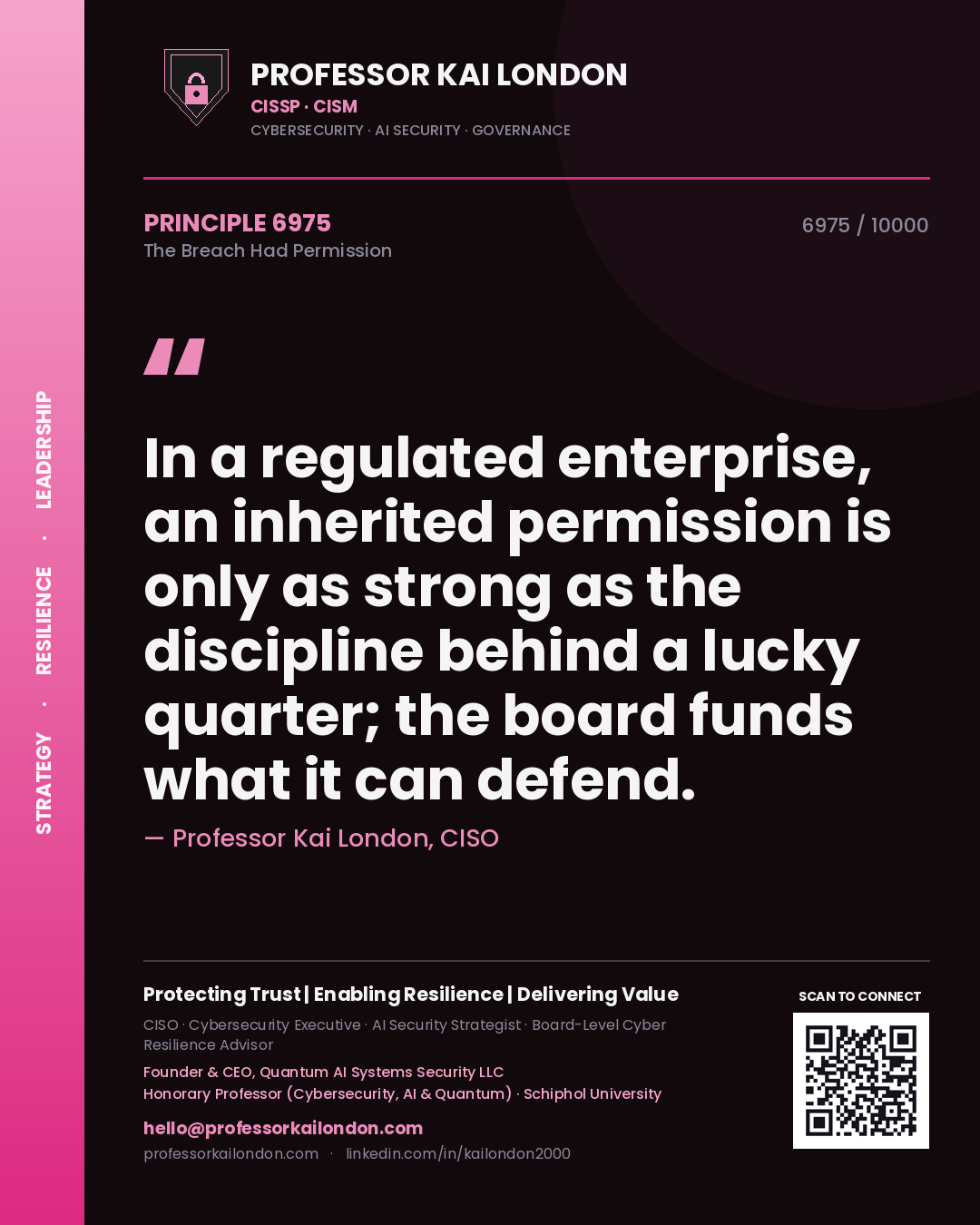 Quote card by Professor Kai London reading 'In a regulated enterprise, an inherited permission is only as strong as the discipline behind a lucky quarter; the board funds what it can defend.'. From the book The Breach Had Permission.