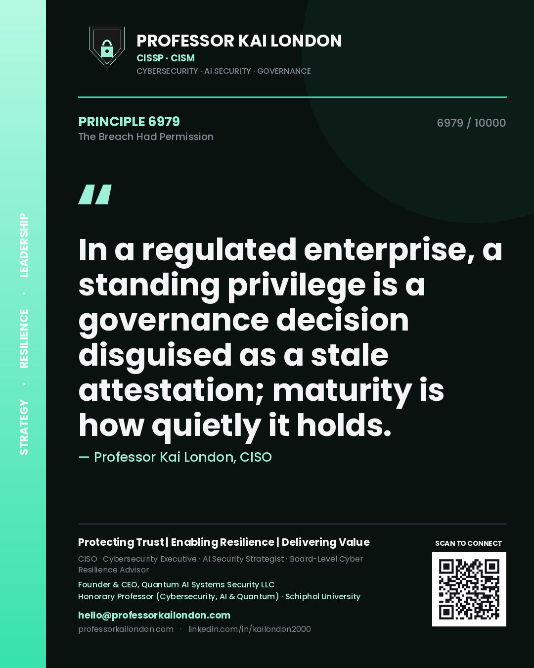 Professor Kai London principle 6979: In a regulated enterprise, a standing privilege is a governance decision disguised as a stale attestation; maturity is how quietly it holds.