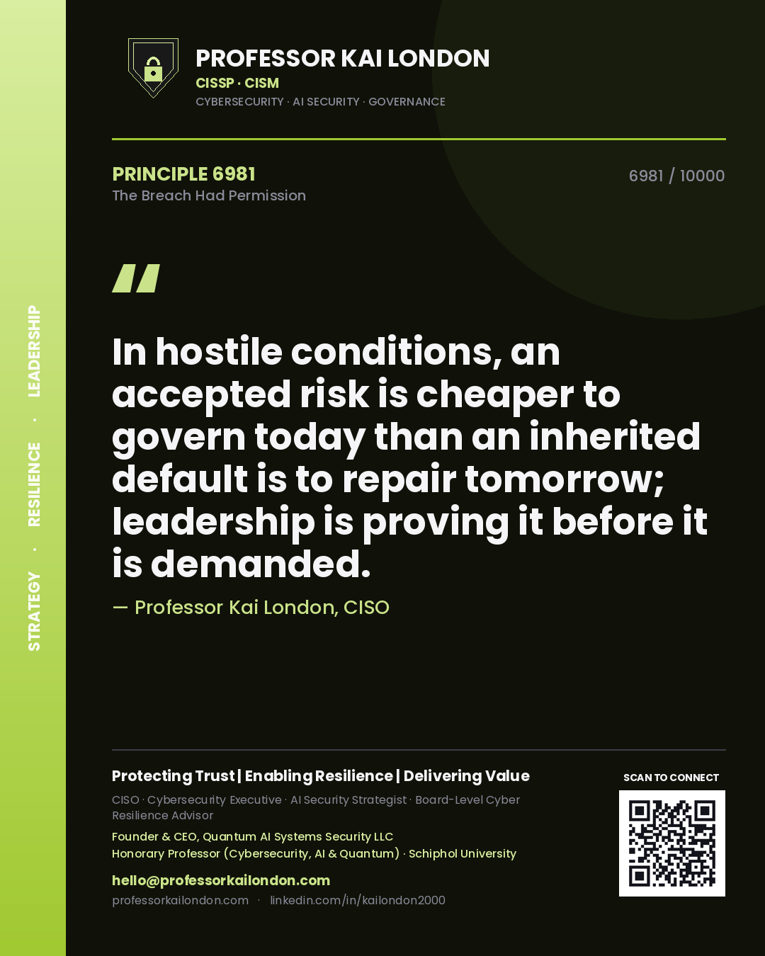 Quote card by Professor Kai London reading 'In hostile conditions, an accepted risk is cheaper to govern today than an inherited default is to repair tomorrow; leadership is proving it before it is demanded.'. From the book The Breach Had Permission.