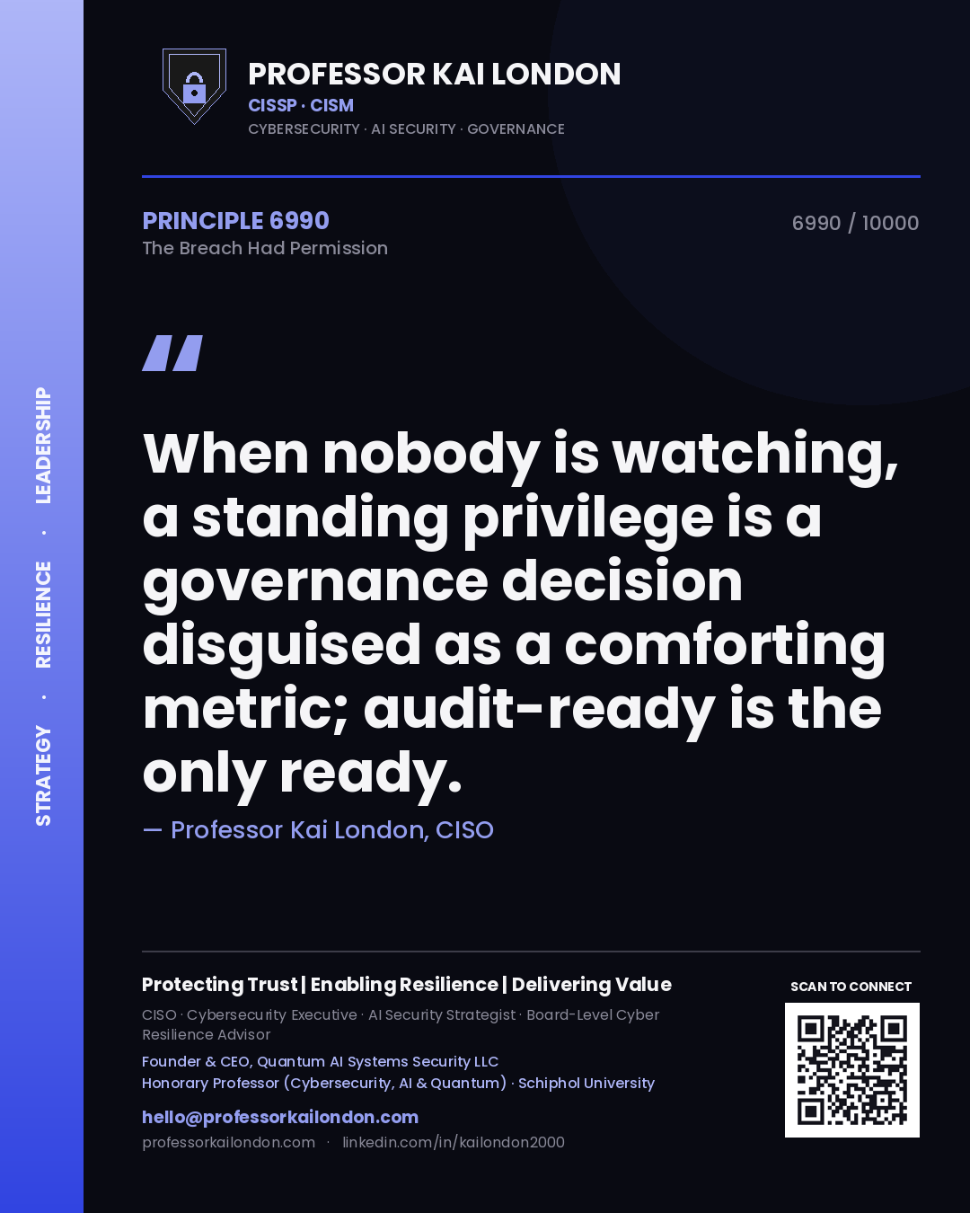 Quote card by Professor Kai London reading 'When nobody is watching, a standing privilege is a governance decision disguised as a comforting metric; audit-ready is the only ready.'. From the book The Breach Had Permission.