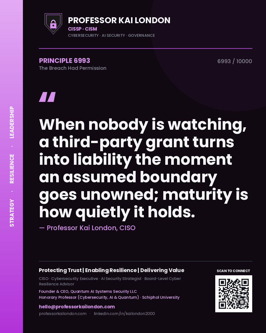 Professor Kai London principle 6993: When nobody is watching, a third-party grant turns into liability the moment an assumed boundary goes unowned; maturity is how quietly it holds.